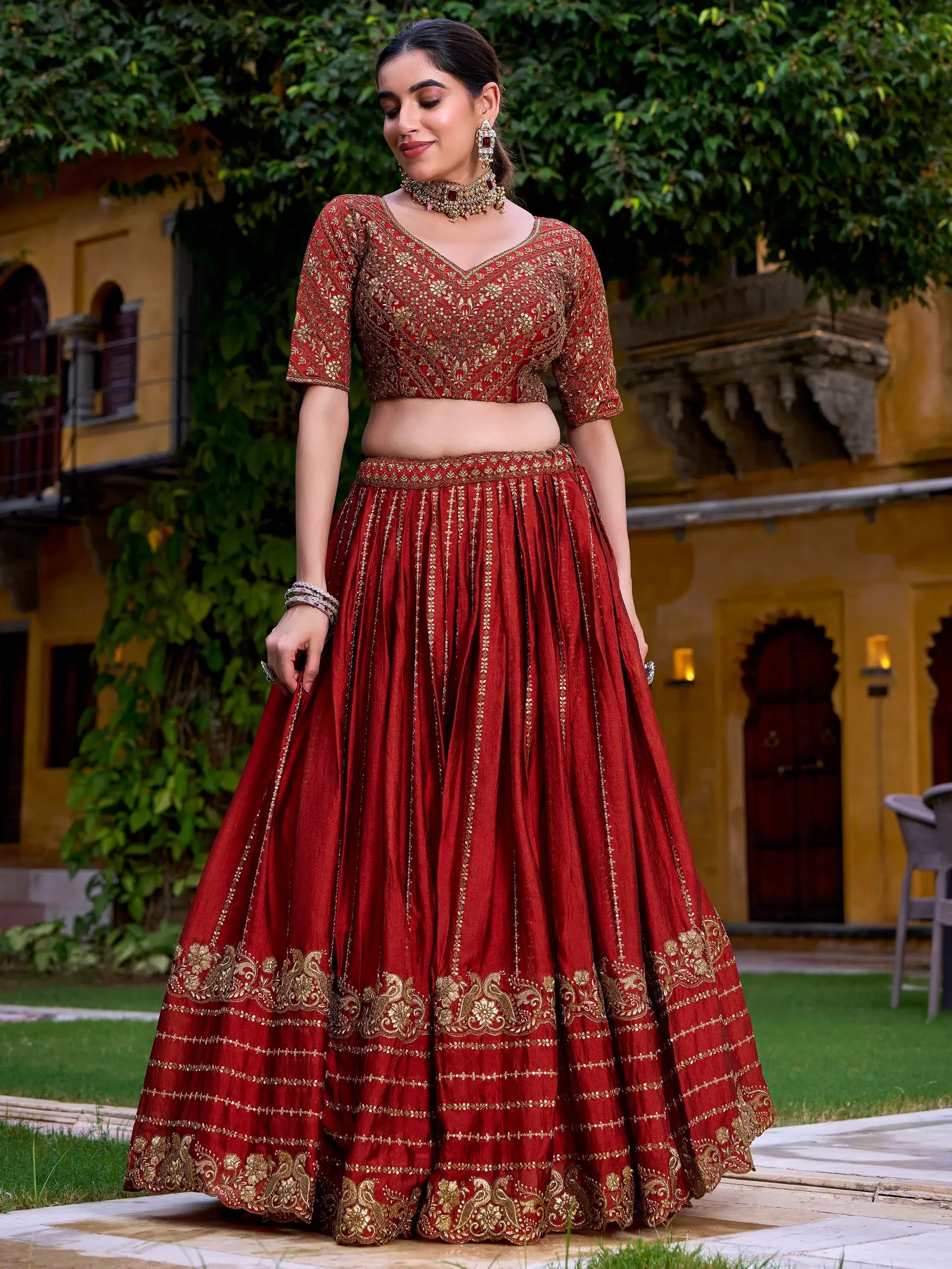 Excellent Rust Orange Sequins Silk Engagement Wear Lehenga Choli With Dupatta