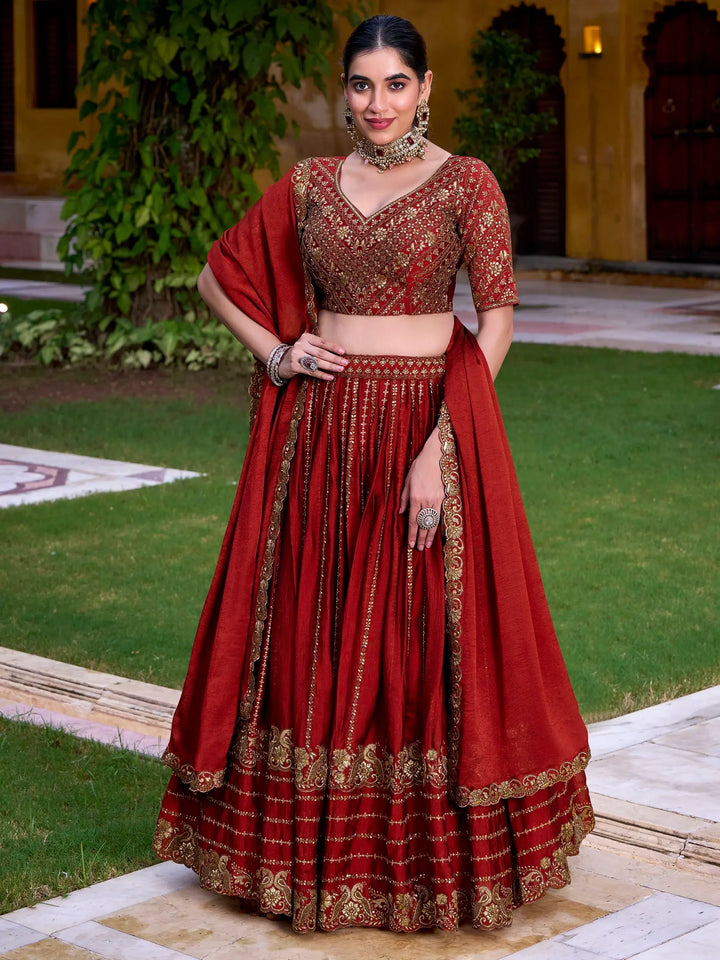 Excellent Rust Orange Sequins Silk Engagement Wear Lehenga Choli With Dupatta
