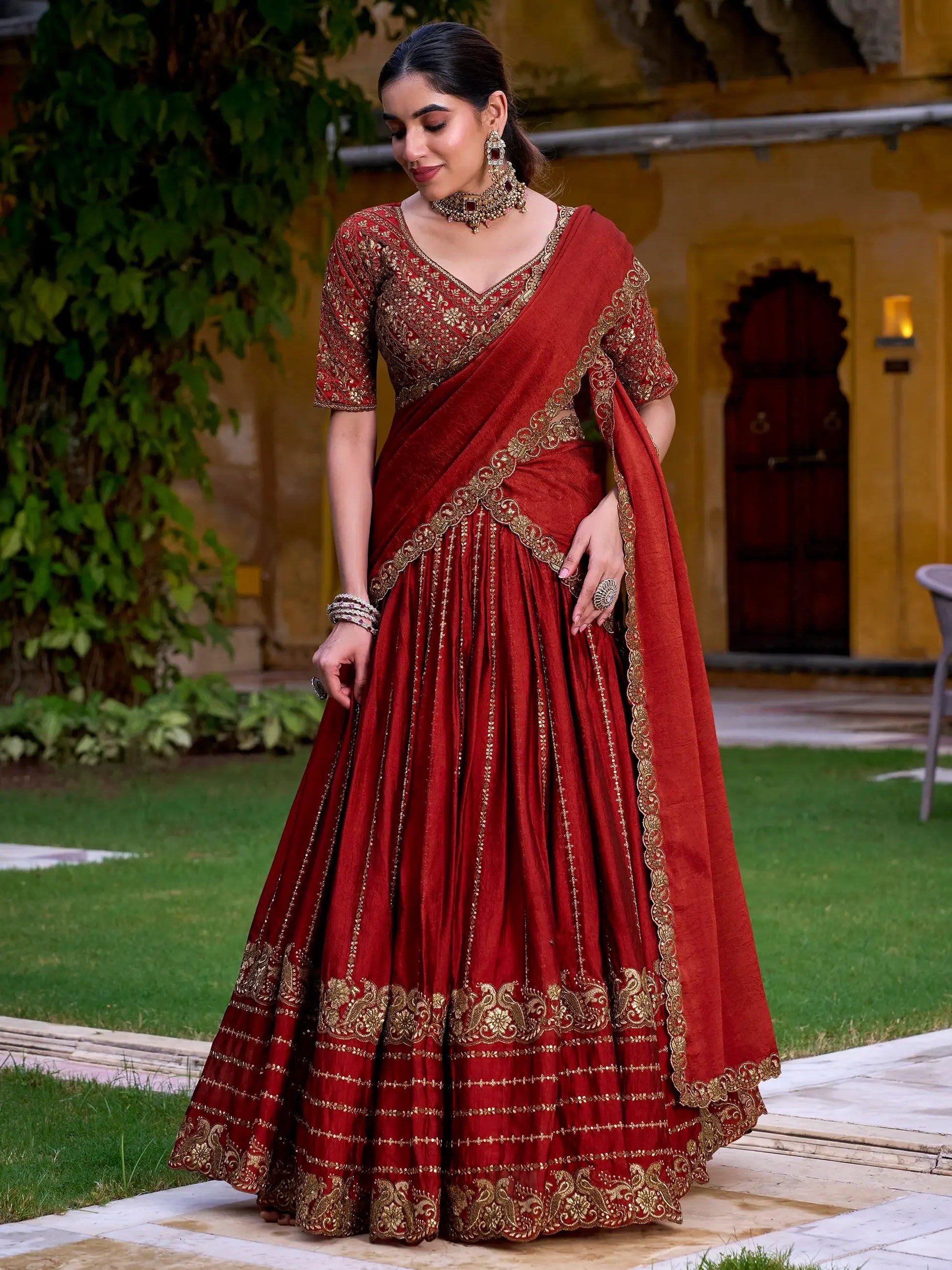 Excellent Rust Orange Sequins Silk Engagement Wear Lehenga Choli With Dupatta