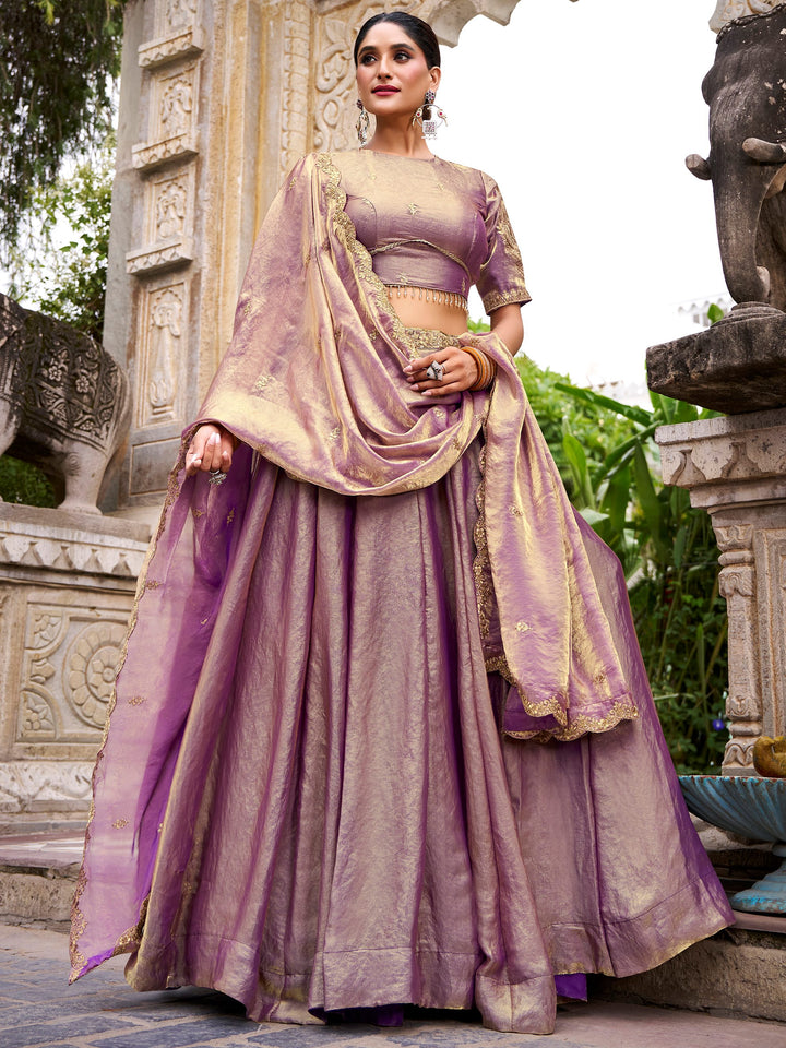 Regal Lilac Sequins Embroidery Organza Function Wear Lehenga With Blouse