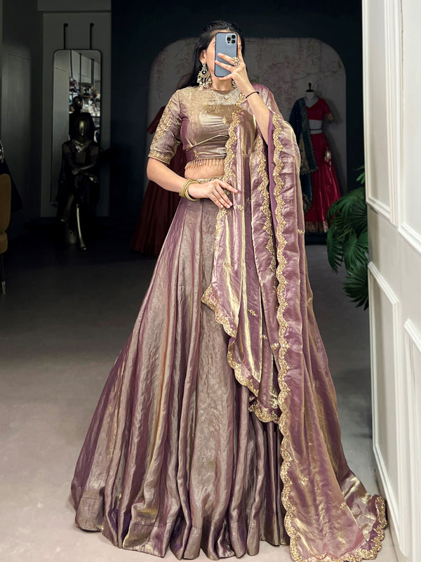 Fabulous Lilac Sequins Work Organza Party Wear Lehenga Choli With Dupatta