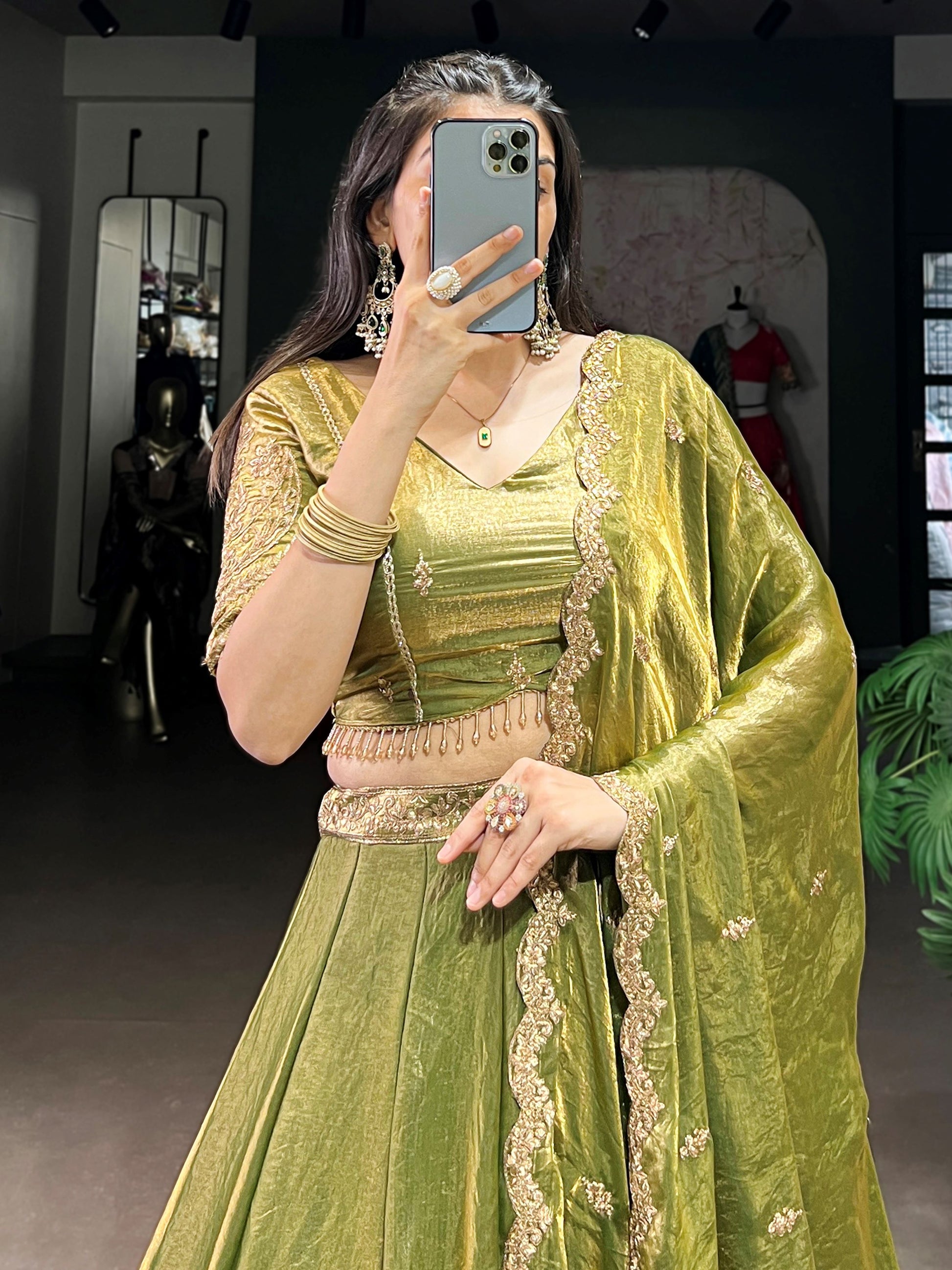 Attractive Green Sequins Work Organza Mehendi Wear Lehenga With Choli