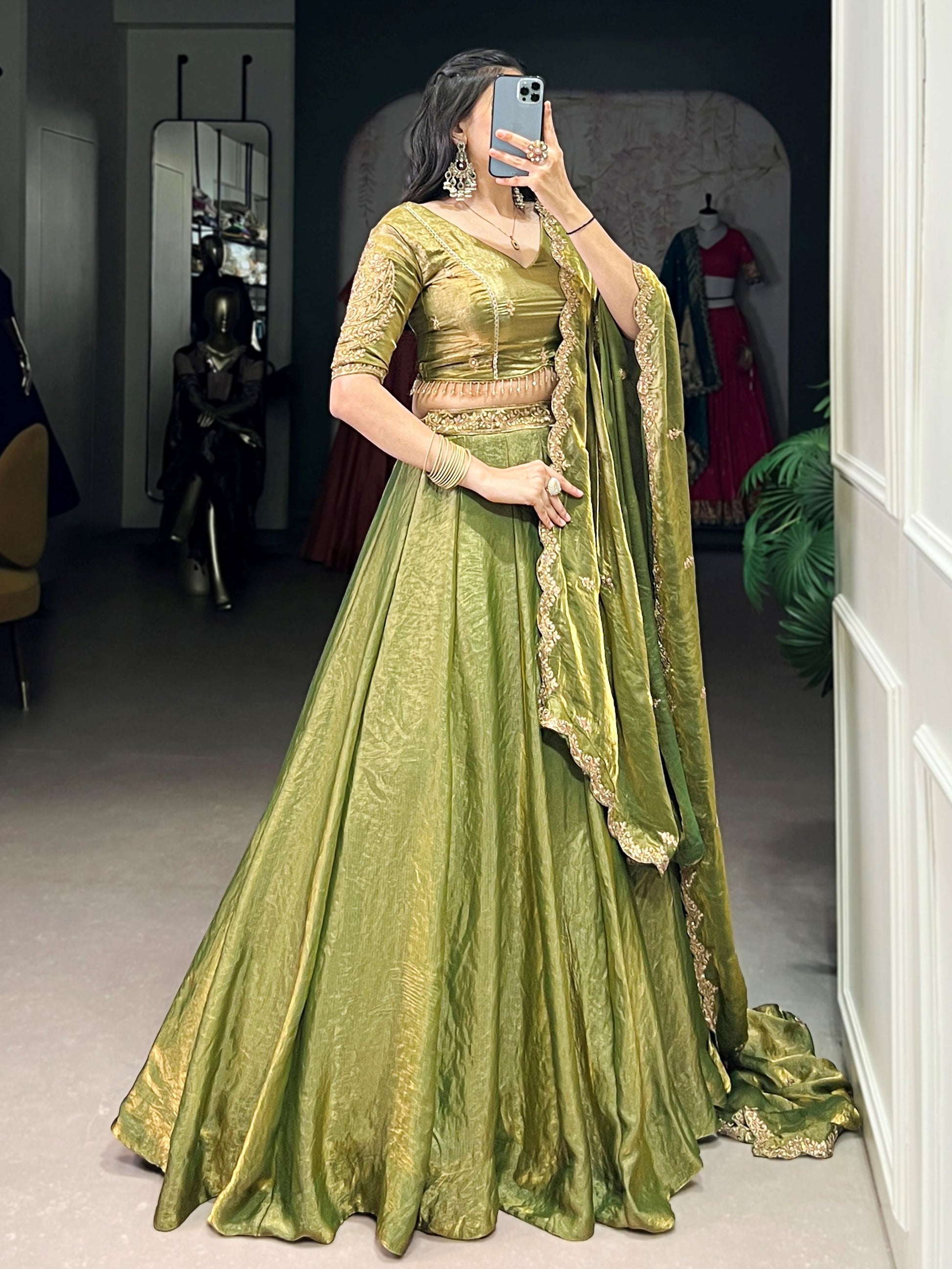 Attractive Green Sequins Work Organza Mehendi Wear Lehenga With Choli