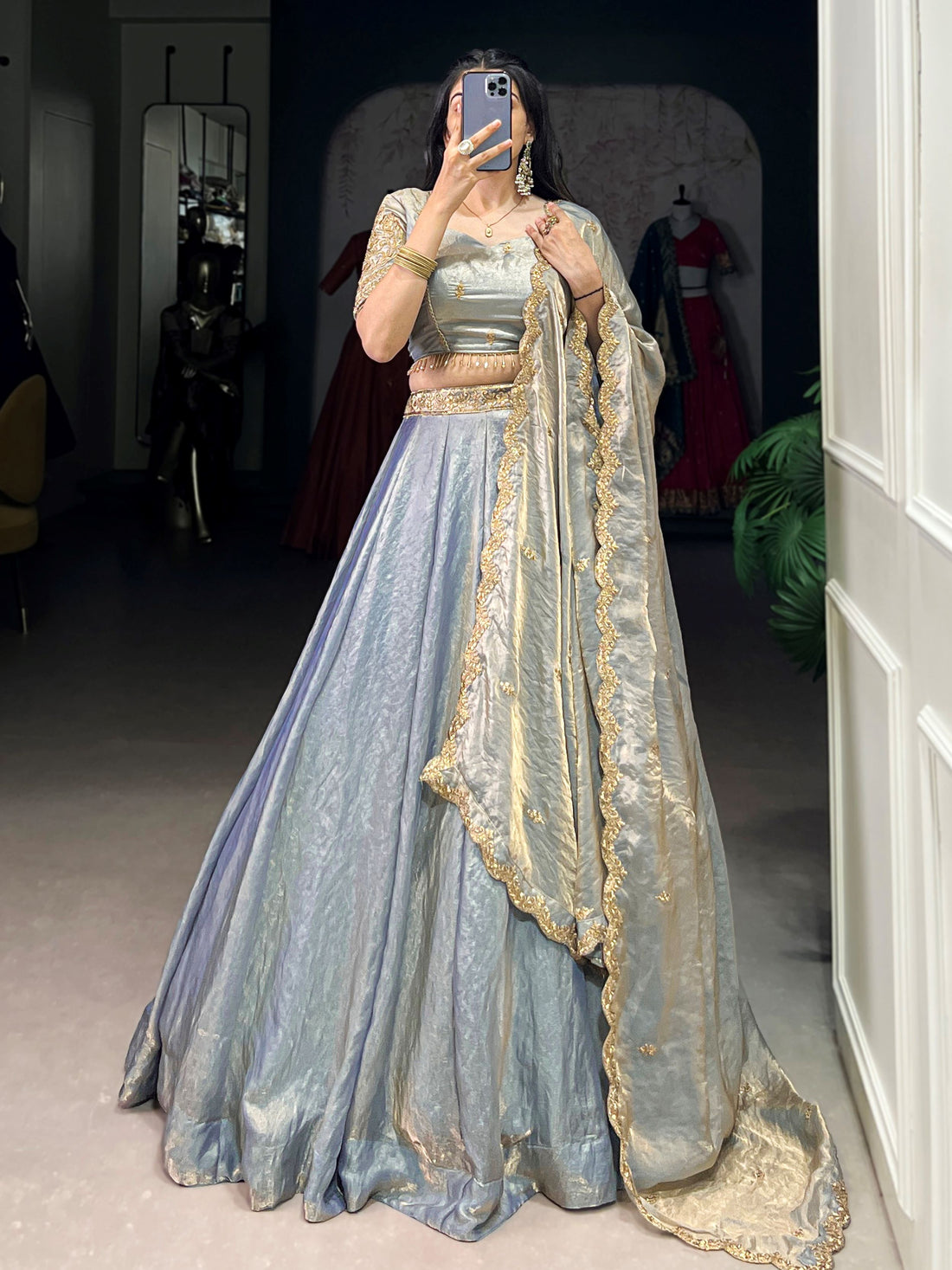 Enchanting Sky Blue Thread Work Organza Bridesmaid Lehenga Choli With Dupatta