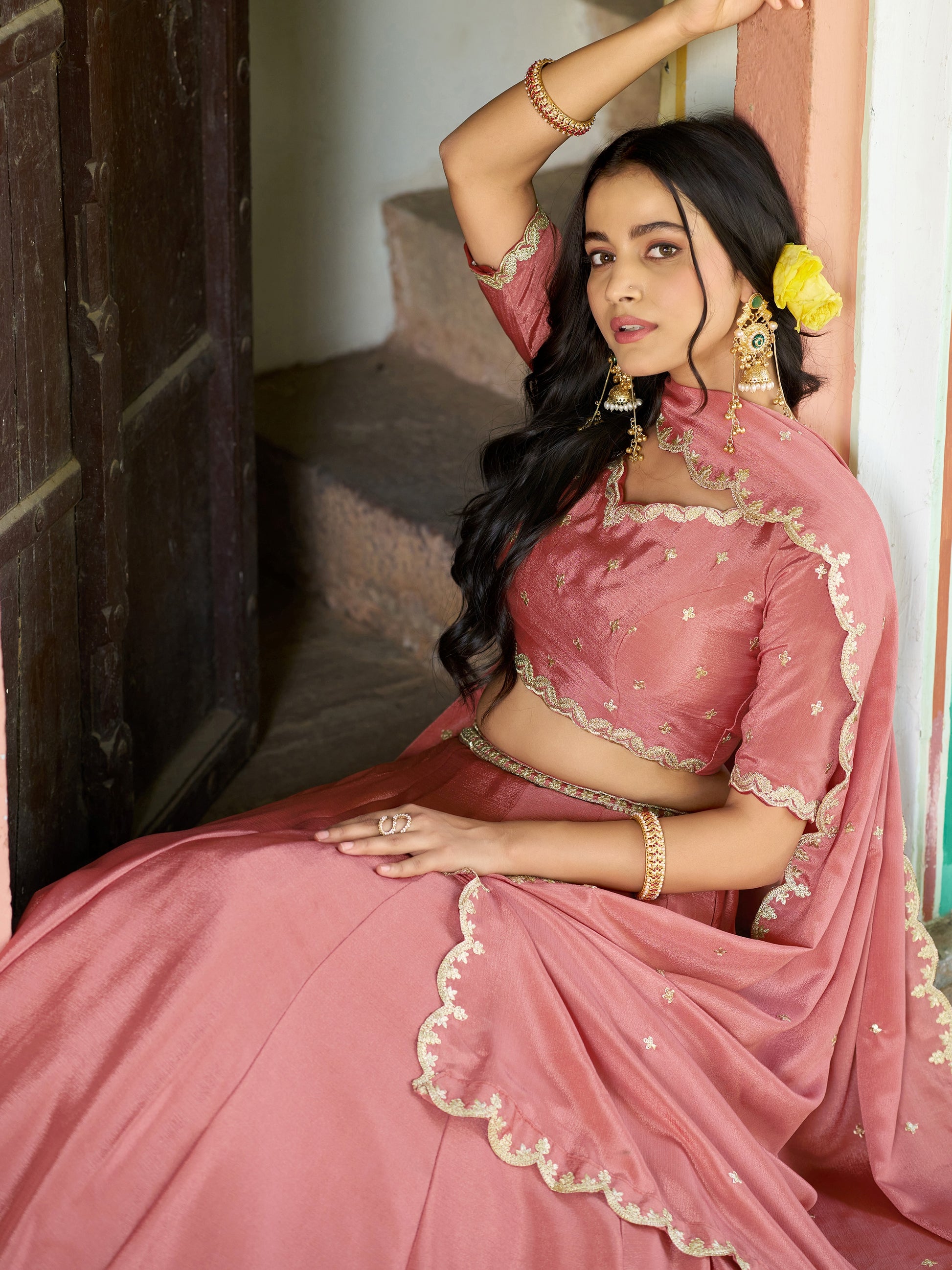 Glamorous Peach Embroidered Chinon  Function Wear Lehenga Choli  With Dupatta