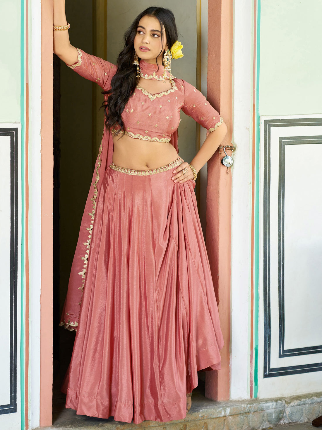 Glamorous Peach Embroidered Chinon  Function Wear Lehenga Choli  With Dupatta