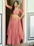 Glamorous Peach Embroidered Chinon  Function Wear Lehenga Choli  With Dupatta
