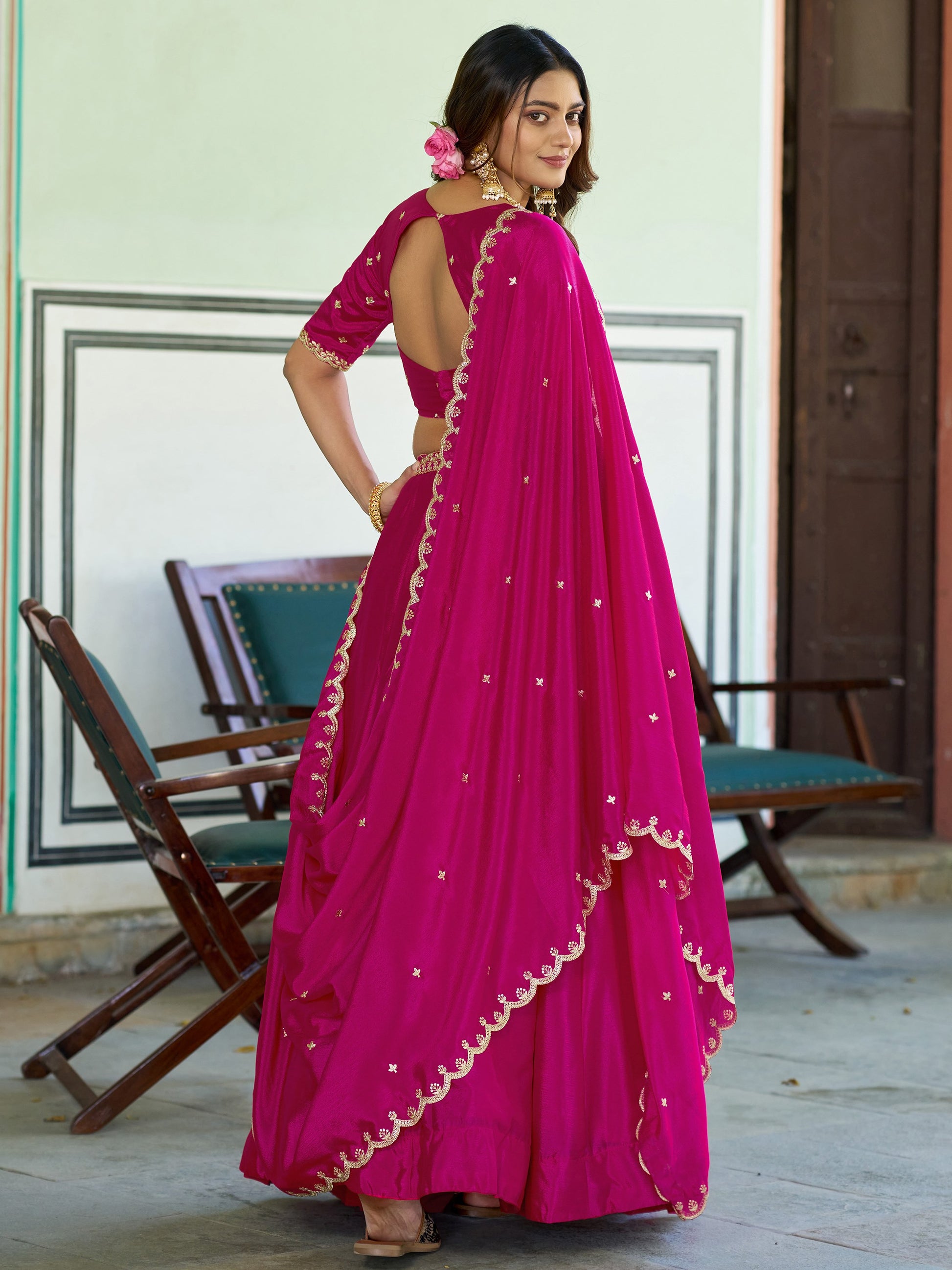 Incredible Rani Pink Sequins Work Chinon Festival Wear Lehenga Choli With Dupatta