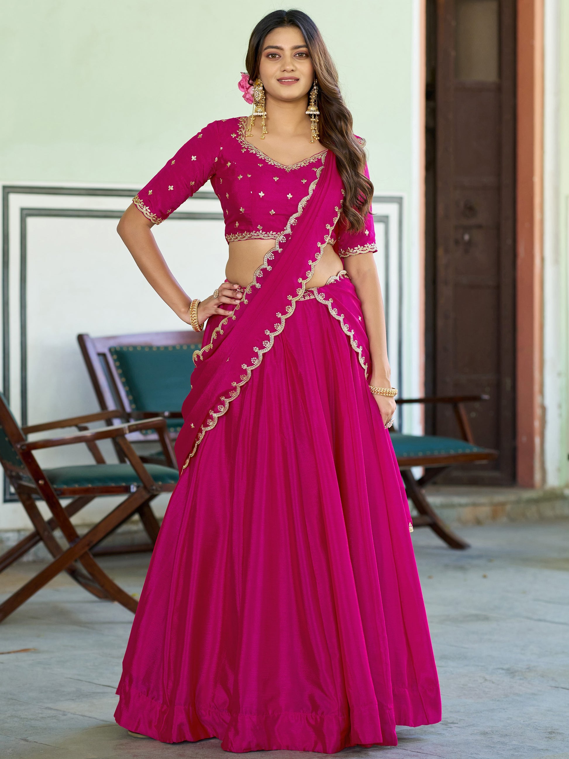 Incredible Rani Pink Sequins Work Chinon Festival Wear Lehenga Choli With Dupatta