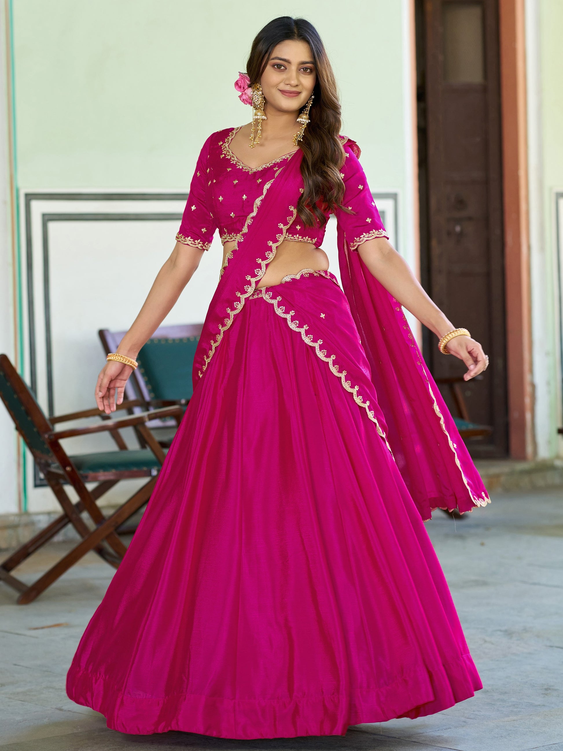 Incredible Rani Pink Sequins Work Chinon Festival Wear Lehenga Choli With Dupatta