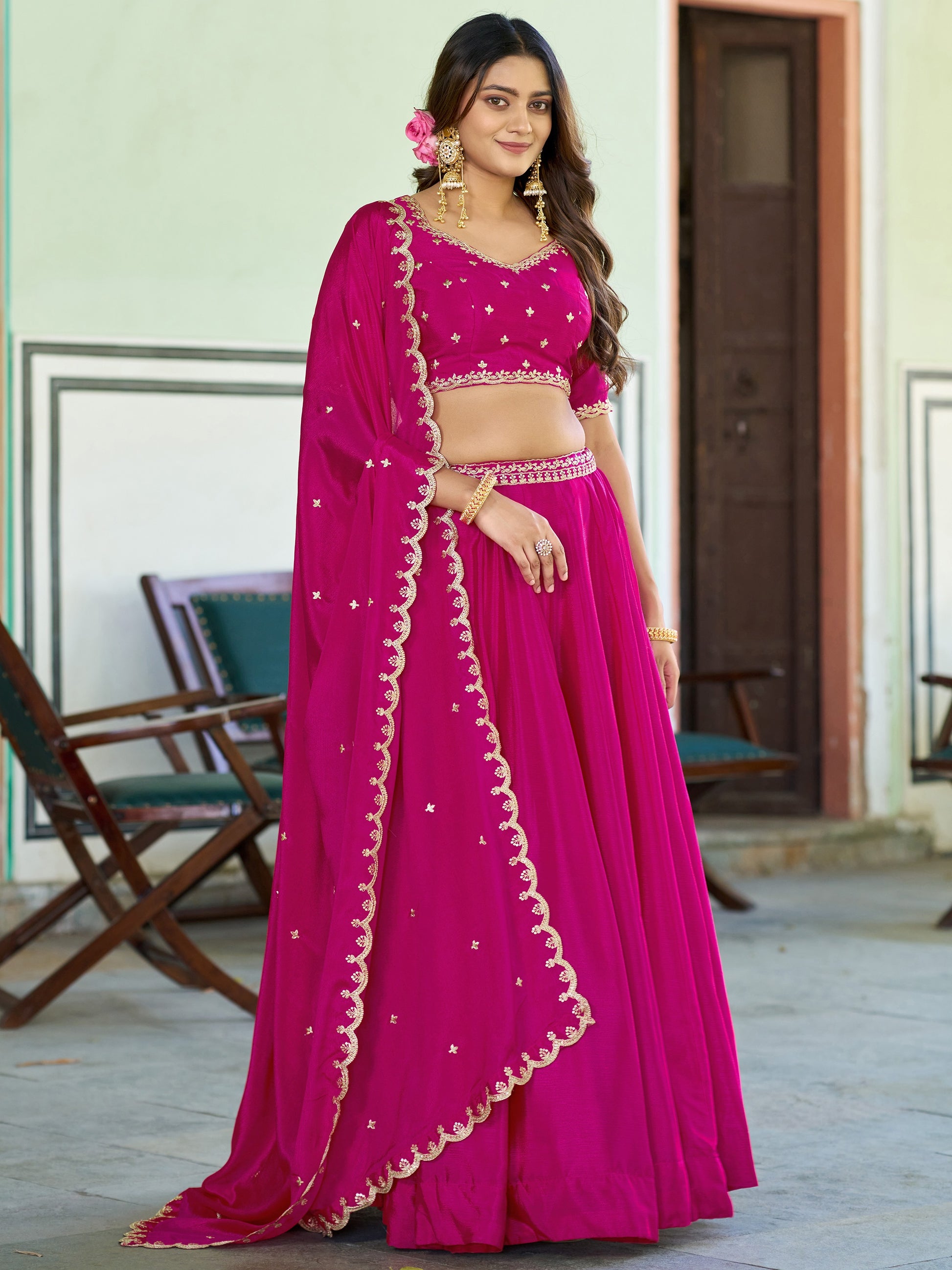 Incredible Rani Pink Sequins Work Chinon Festival Wear Lehenga Choli With Dupatta