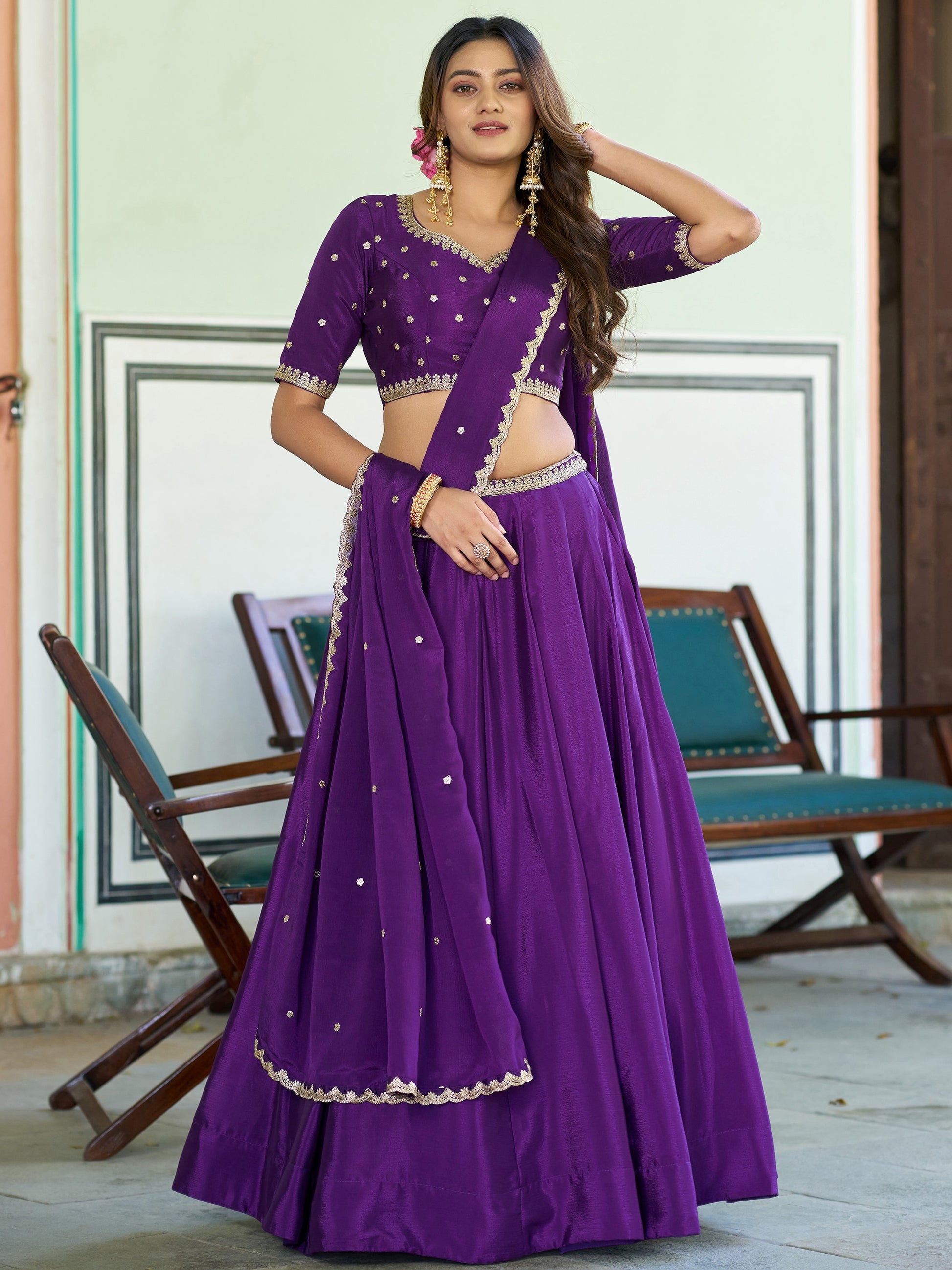 Stylish Purple  Embroidery Chinon Function Wear Lehenga Choli  With Dupatta