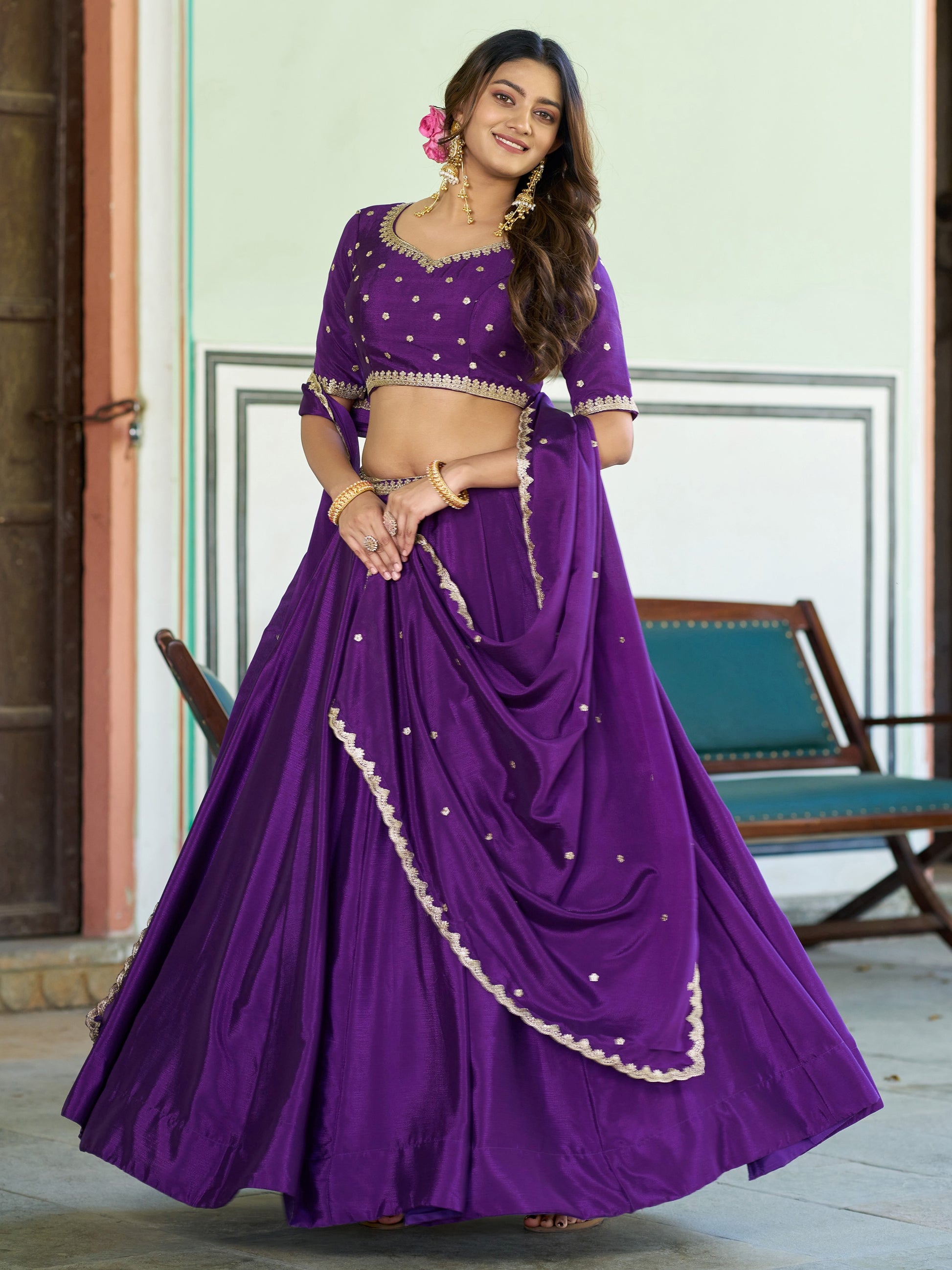 Stylish Purple  Embroidery Chinon Function Wear Lehenga Choli  With Dupatta