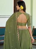 Outstanding Olive Green Sequins Work Chinon Wedding Wear Lehenga Choli  With Dupatta