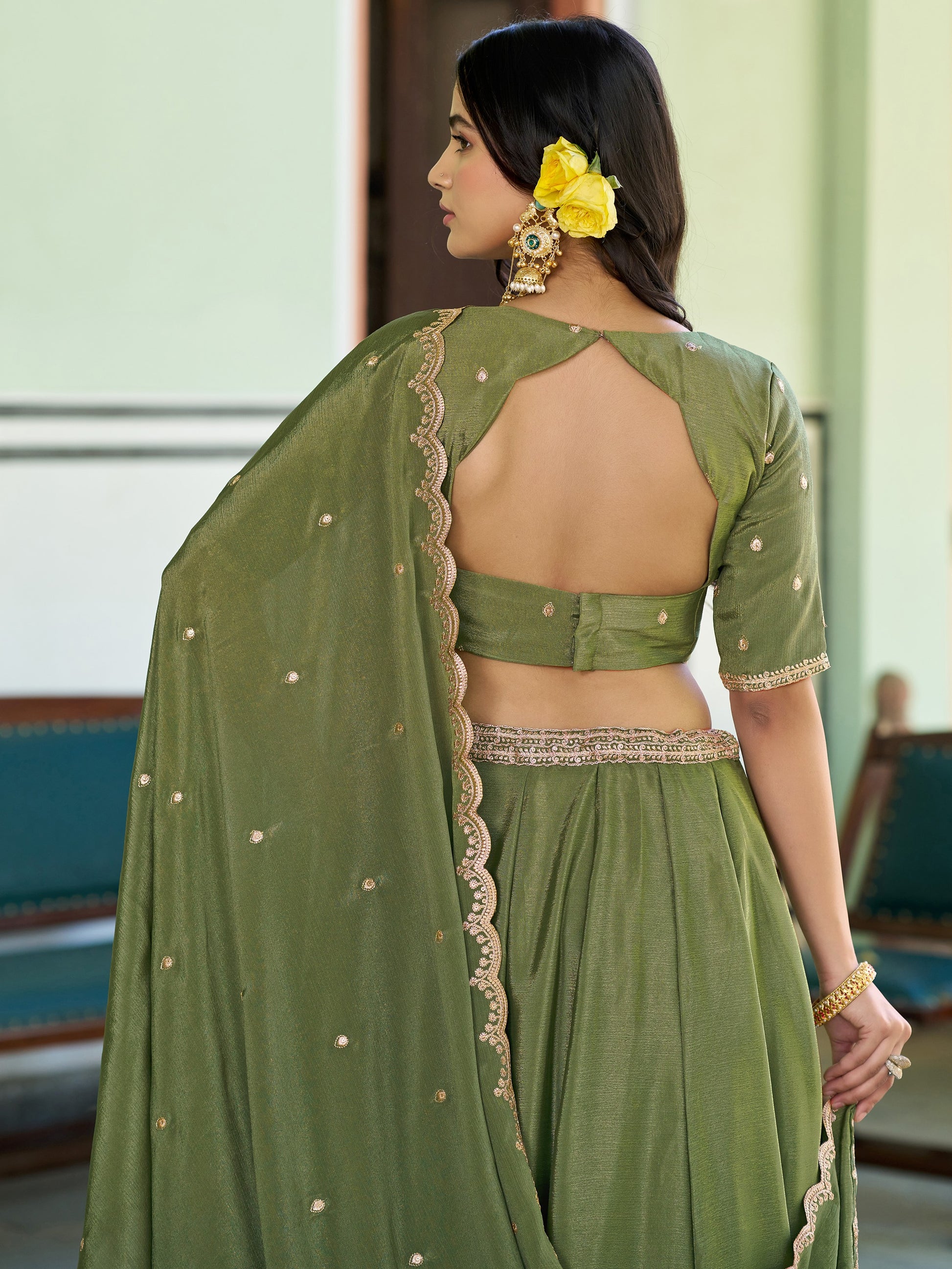 Outstanding Olive Green Sequins Work Chinon Wedding Wear Lehenga Choli  With Dupatta
