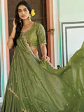 Outstanding Olive Green Sequins Work Chinon Wedding Wear Lehenga Choli  With Dupatta