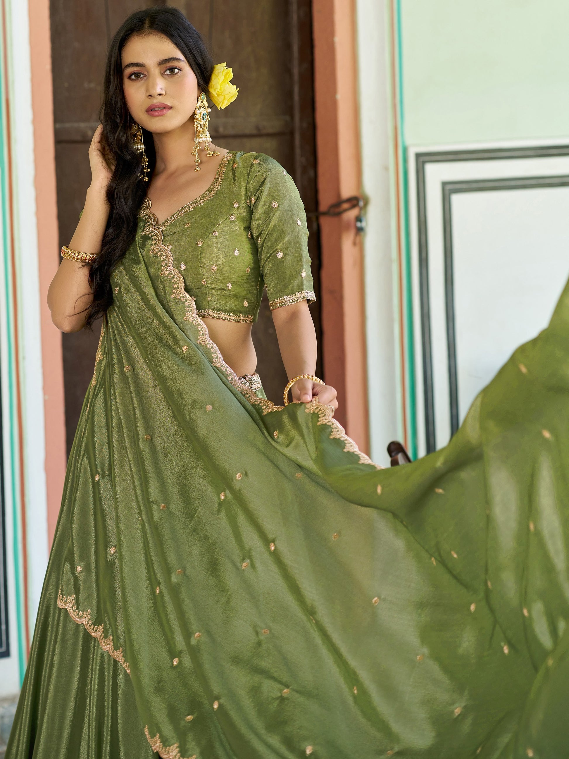 Outstanding Olive Green Sequins Work Chinon Wedding Wear Lehenga Choli  With Dupatta