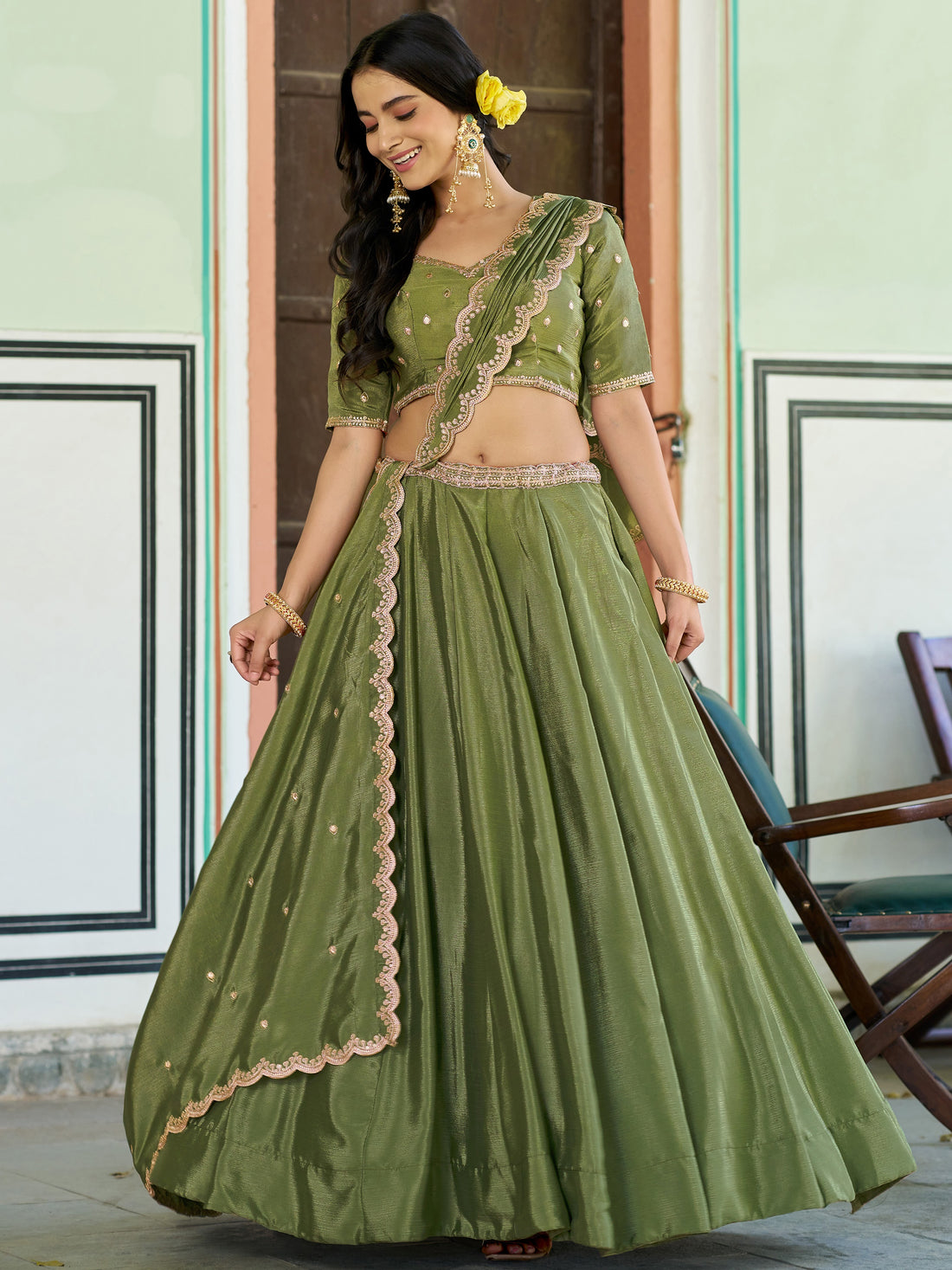 Outstanding Olive Green Sequins Work Chinon Wedding Wear Lehenga Choli  With Dupatta