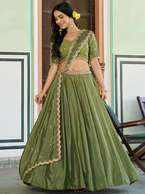 Outstanding Olive Green Sequins Work Chinon Wedding Wear Lehenga Choli  With Dupatta