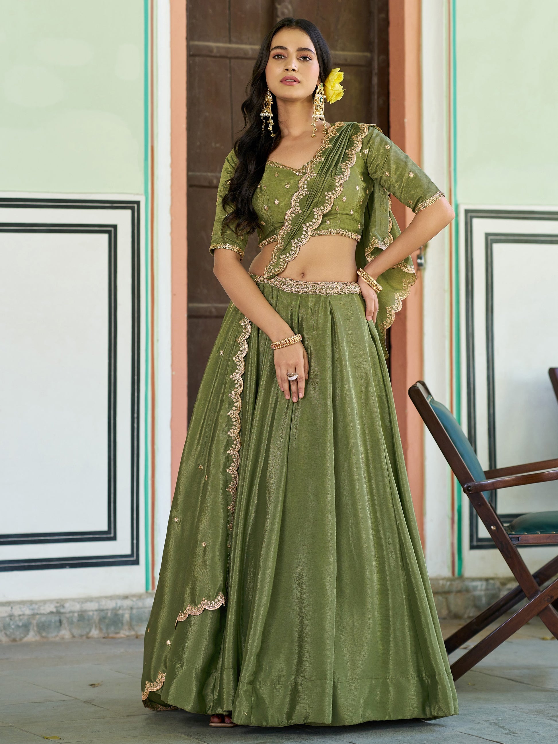 Outstanding Olive Green Sequins Work Chinon Wedding Wear Lehenga Choli  With Dupatta