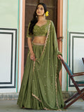 Outstanding Olive Green Sequins Work Chinon Wedding Wear Lehenga Choli  With Dupatta