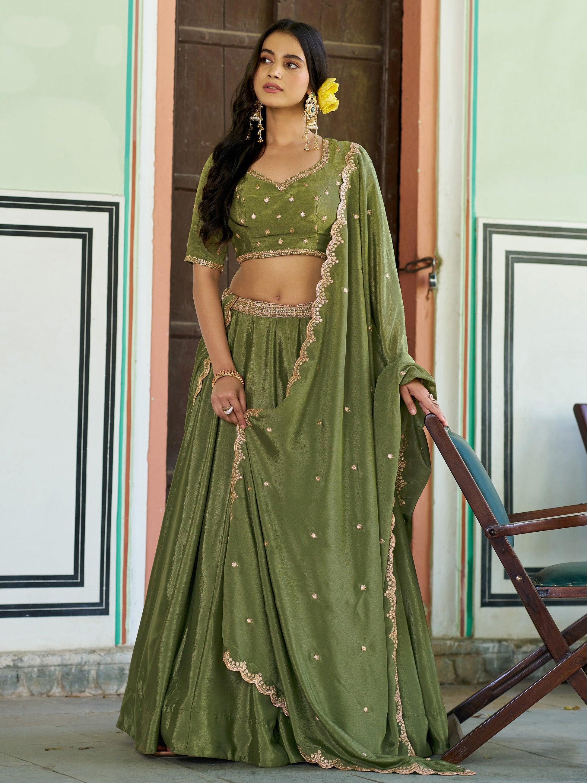 Outstanding Olive Green Sequins Work Chinon Wedding Wear Lehenga Choli  With Dupatta