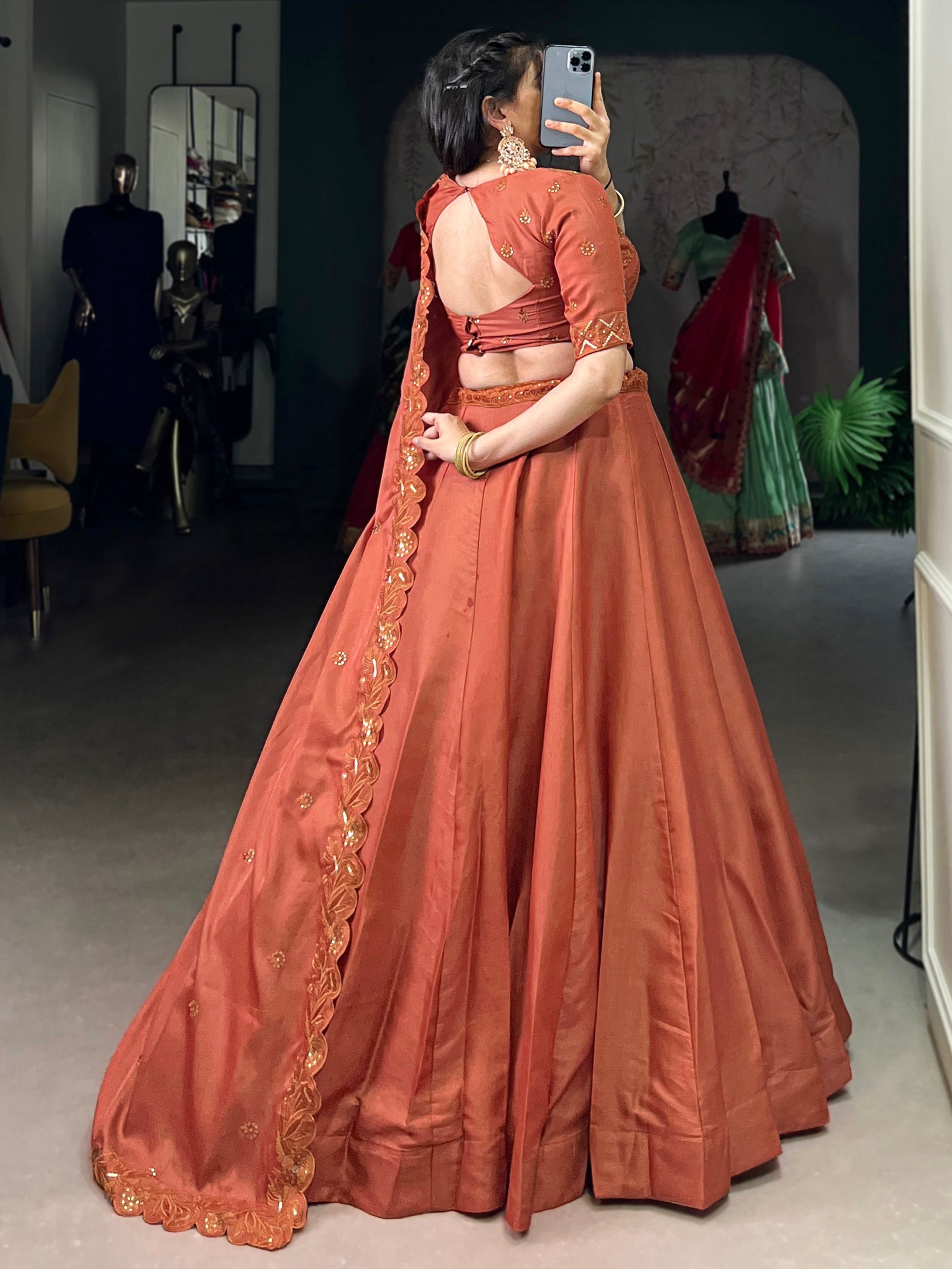 Lovable Orange Thread Embroidered Tussar Silk Lehenga With Blouse