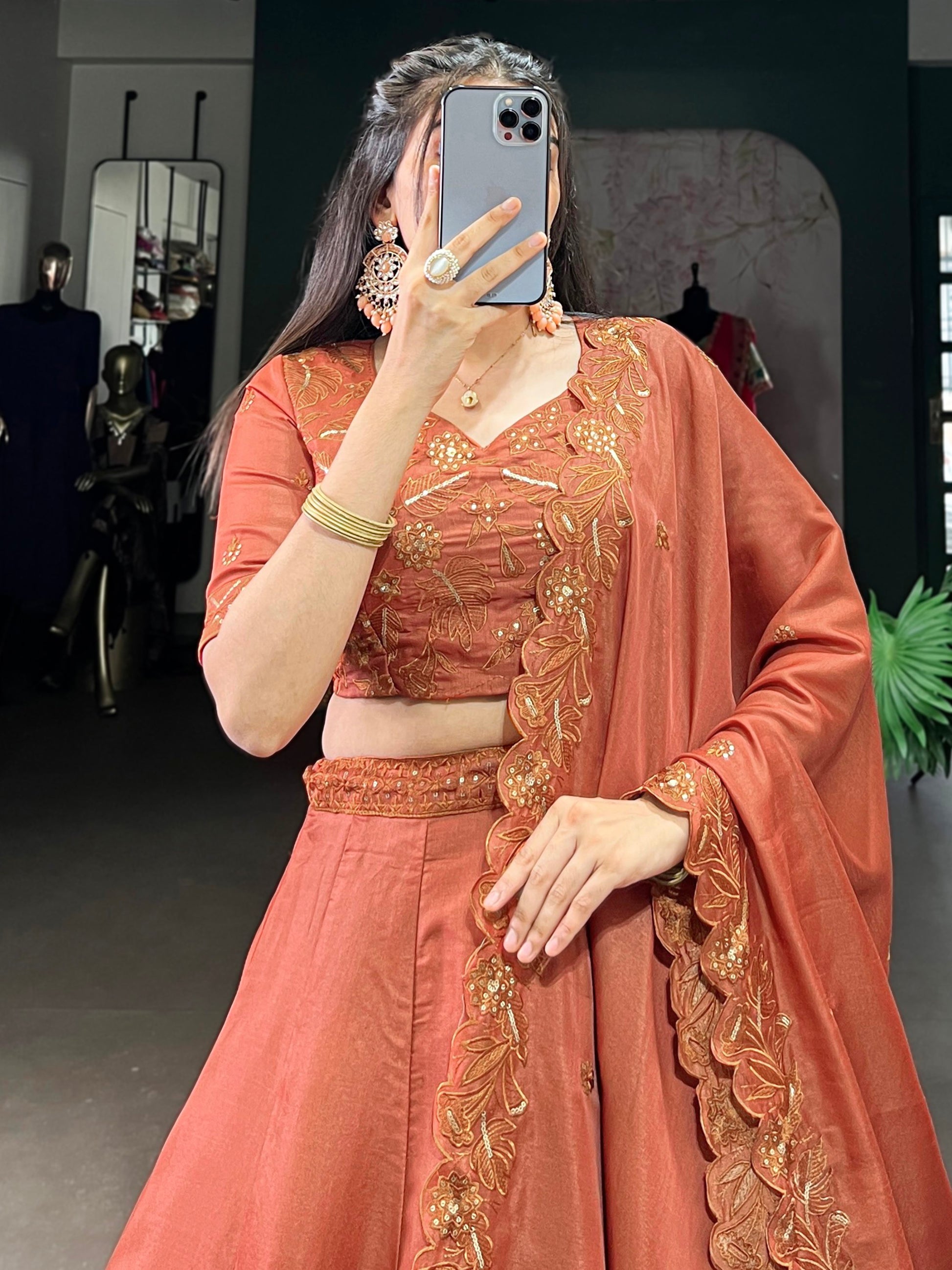 Lovable Orange Thread Embroidered Tussar Silk Lehenga With Blouse
