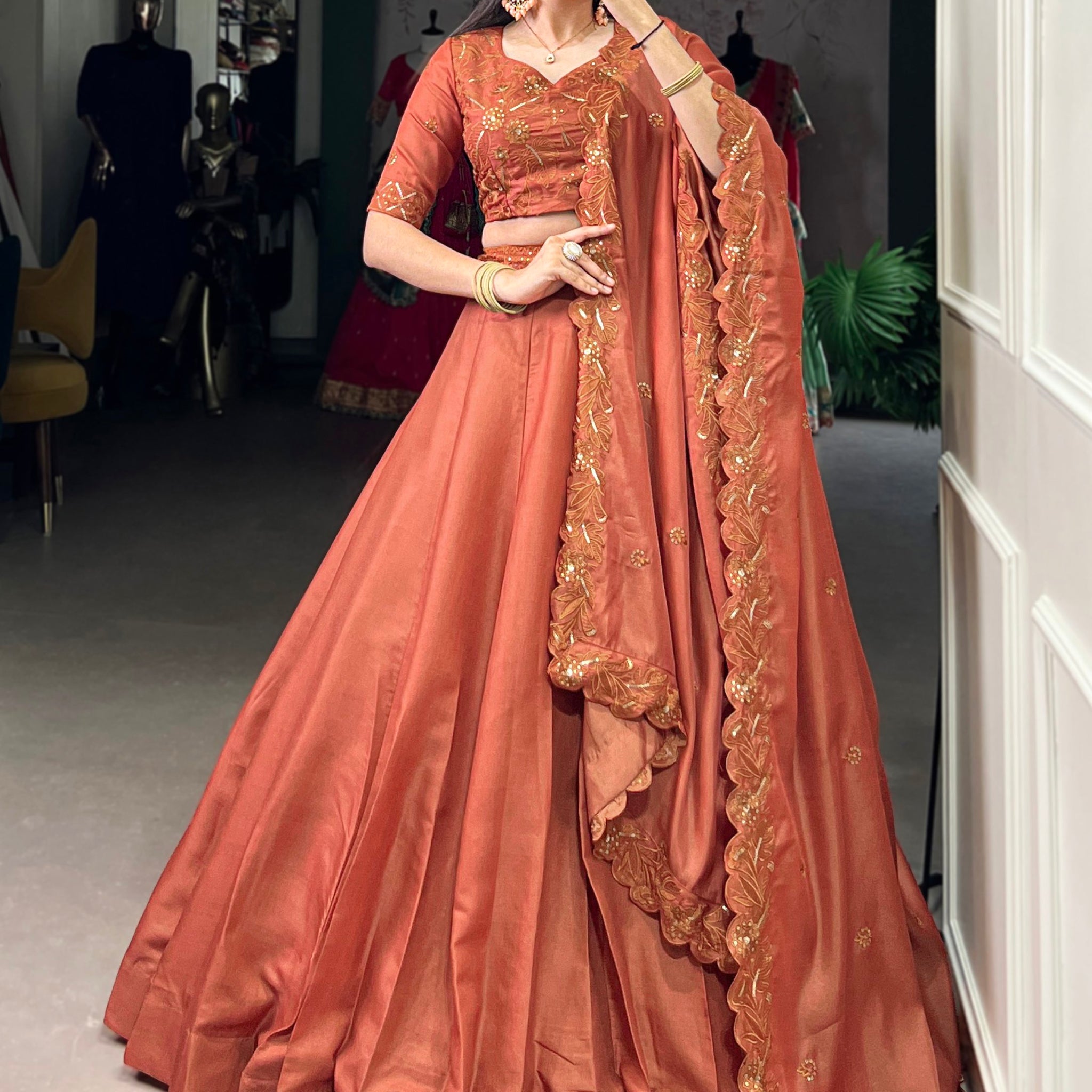 Lovable Orange Thread Embroidered Tussar Silk Lehenga With Blouse