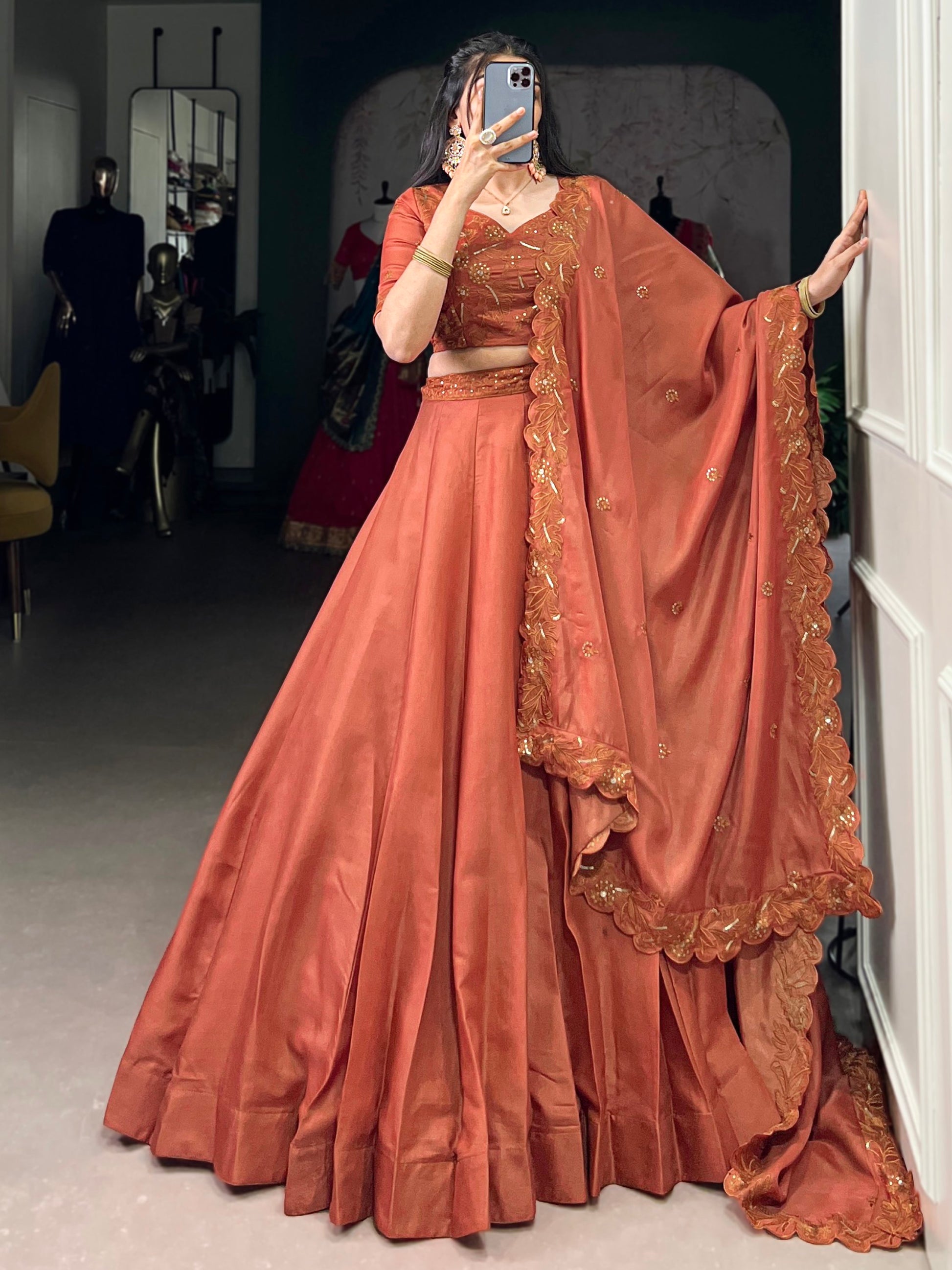 Lovable Orange Thread Embroidered Tussar Silk Lehenga With Blouse