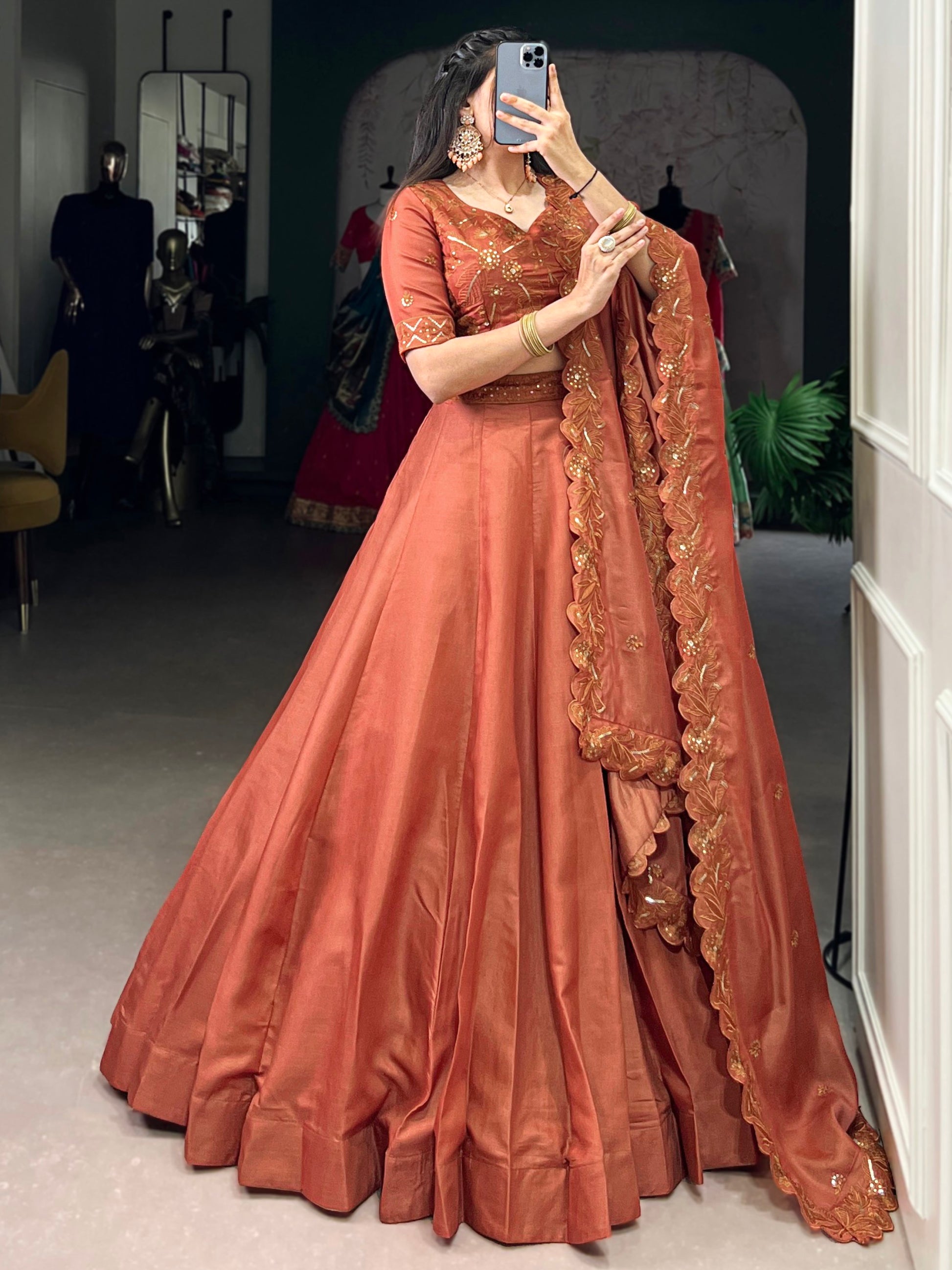 Lovable Orange Thread Embroidered Tussar Silk Lehenga With Blouse