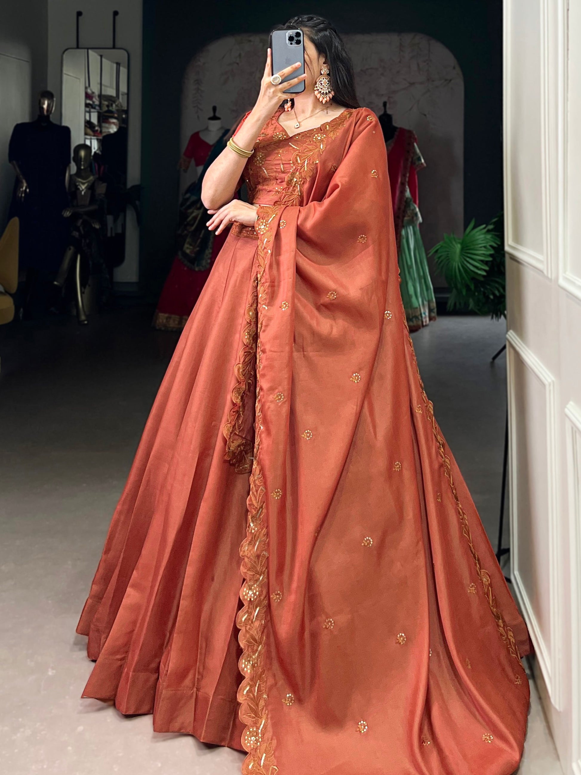 Lovable Orange Thread Embroidered Tussar Silk Lehenga With Blouse