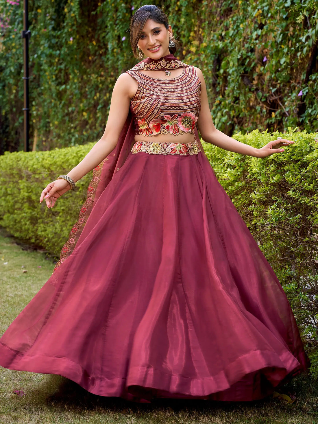Elegant Maroon Sequins Embroidery Silk Engagement Wear Lehenga Choli