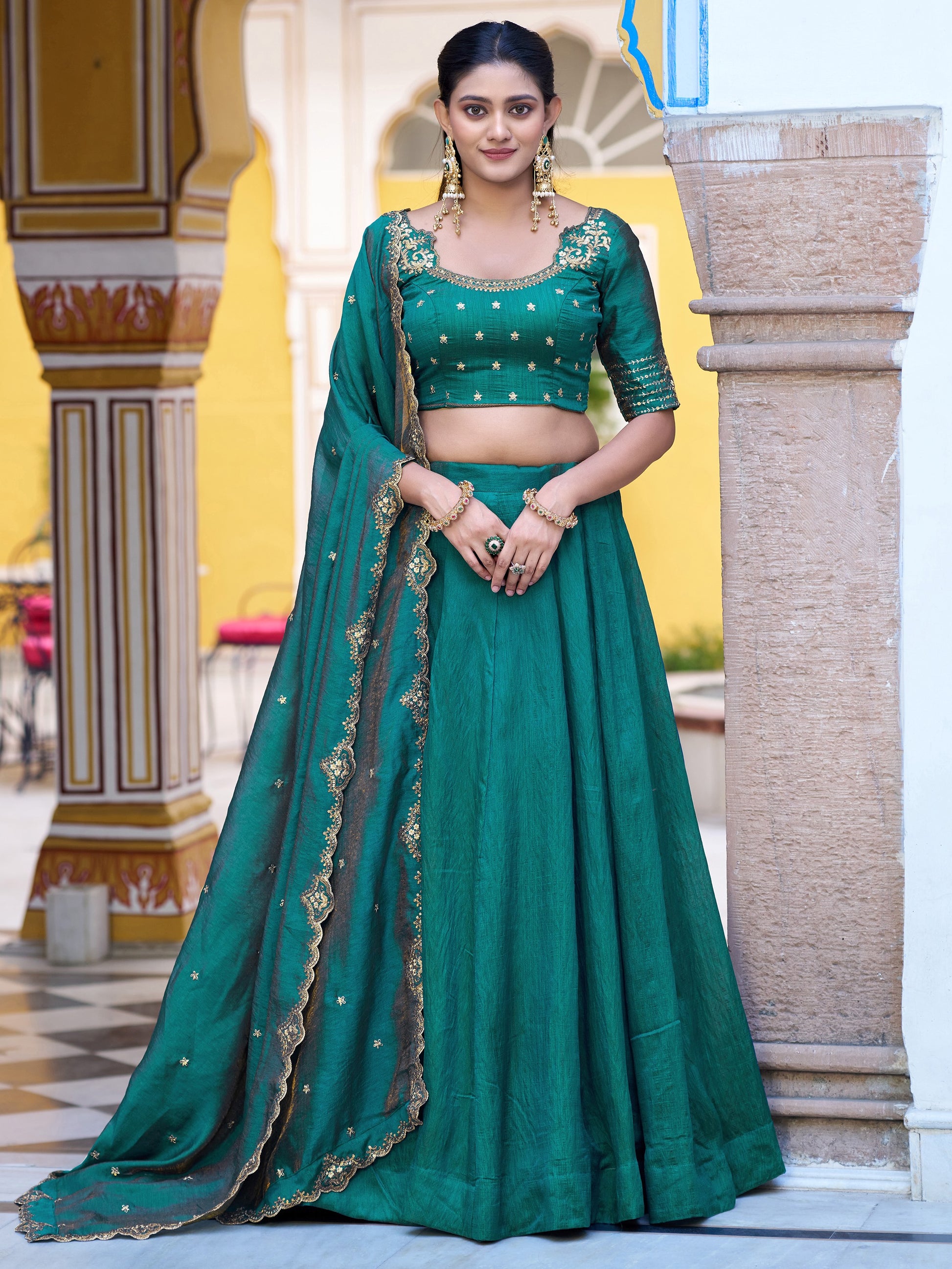 Alluring Teal Green Sequins Work  Silk Function Wear Lehenga Choli With Dupatta