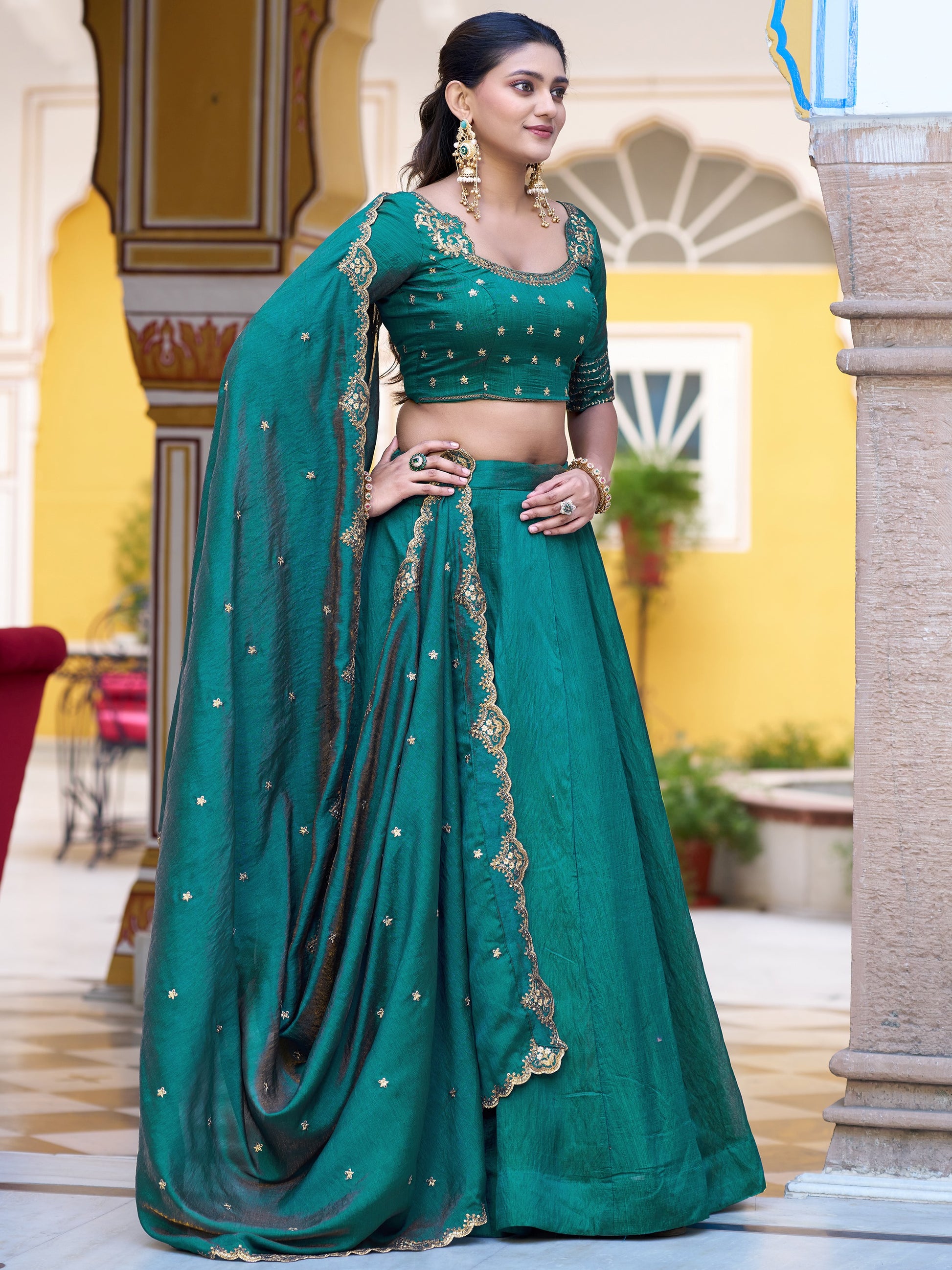 Alluring Teal Green Sequins Work  Silk Function Wear Lehenga Choli With Dupatta