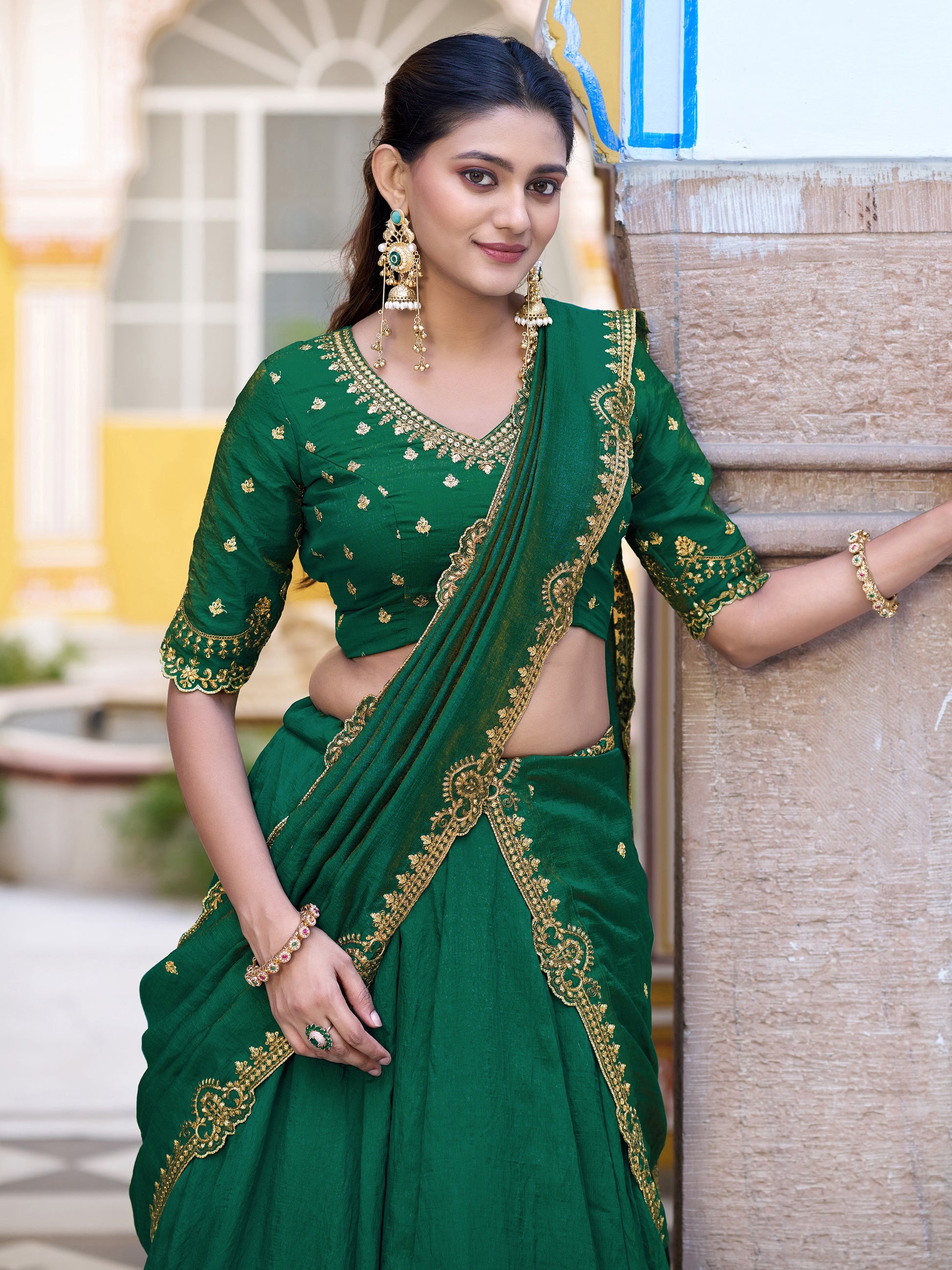 Charming Dark Green Embroidery Silk Festival Wear Lehenga Choli With Dupatta