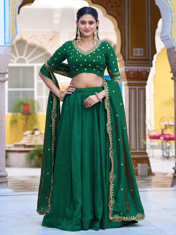Charming Dark Green Embroidery Silk Festival Wear Lehenga Choli With Dupatta