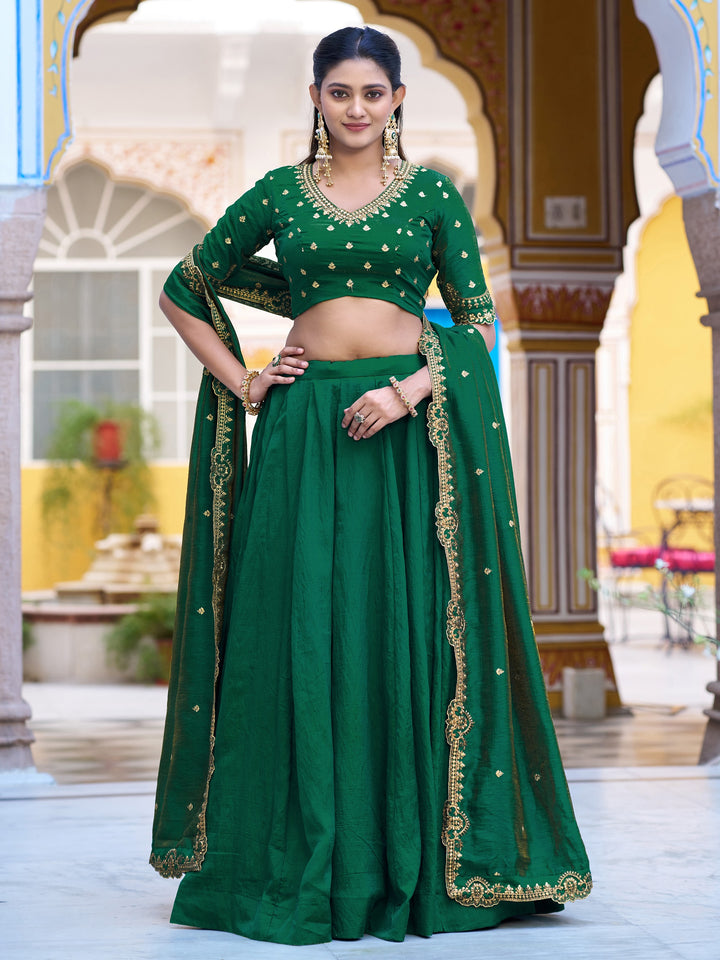 Charming Dark Green Embroidery Silk Festival Wear Lehenga Choli With Dupatta