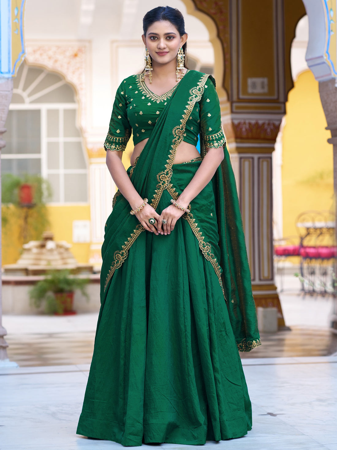 Charming Dark Green Embroidery Silk Festival Wear Lehenga Choli With Dupatta