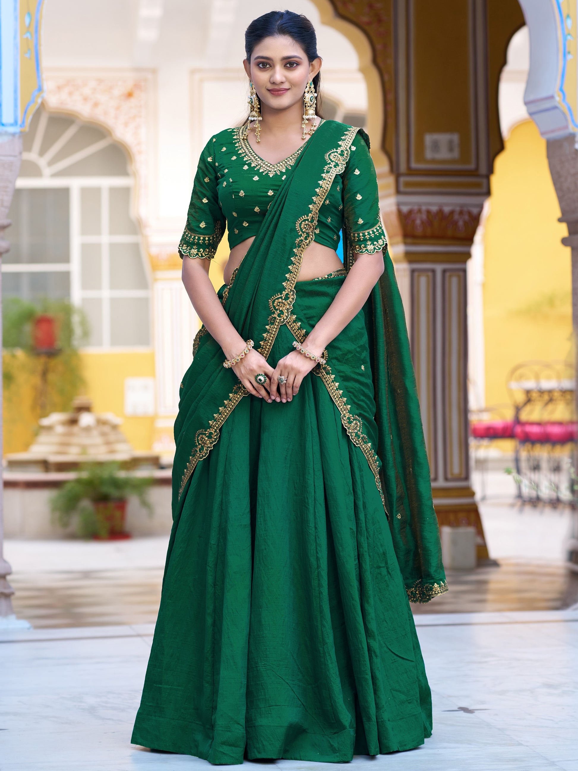 Charming Dark Green Embroidery Silk Festival Wear Lehenga Choli With Dupatta