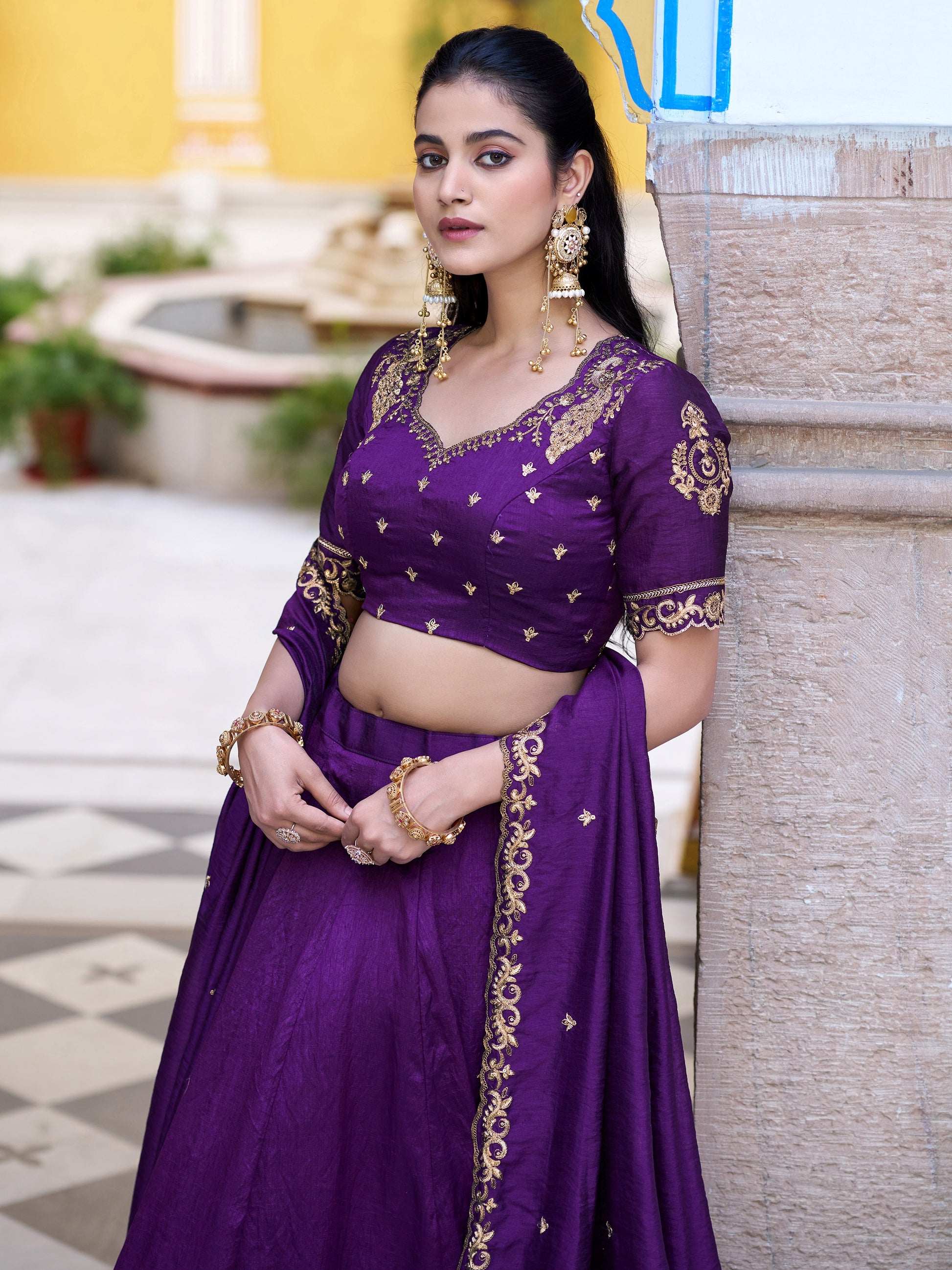 Adorable Purple Embroidery Silk Wedding Wear Lehenga Choli With Dupatta