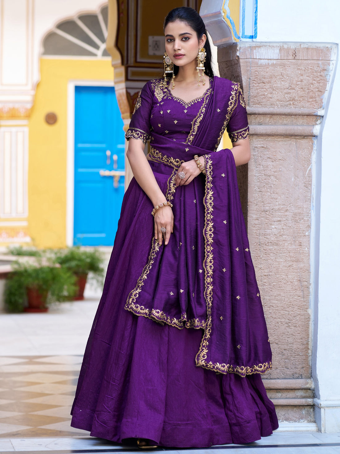 Adorable Purple Embroidery Silk Wedding Wear Lehenga Choli With Dupatta