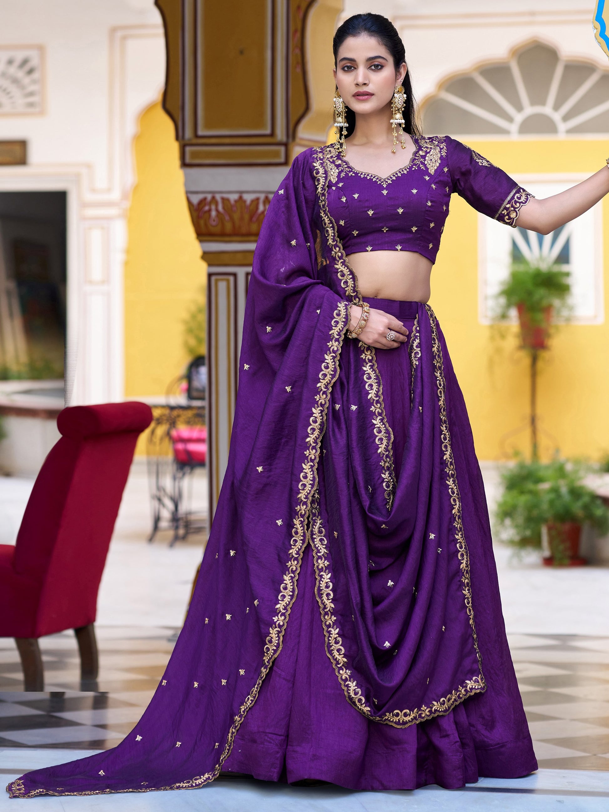 Adorable Purple Embroidery Silk Wedding Wear Lehenga Choli With Dupatta