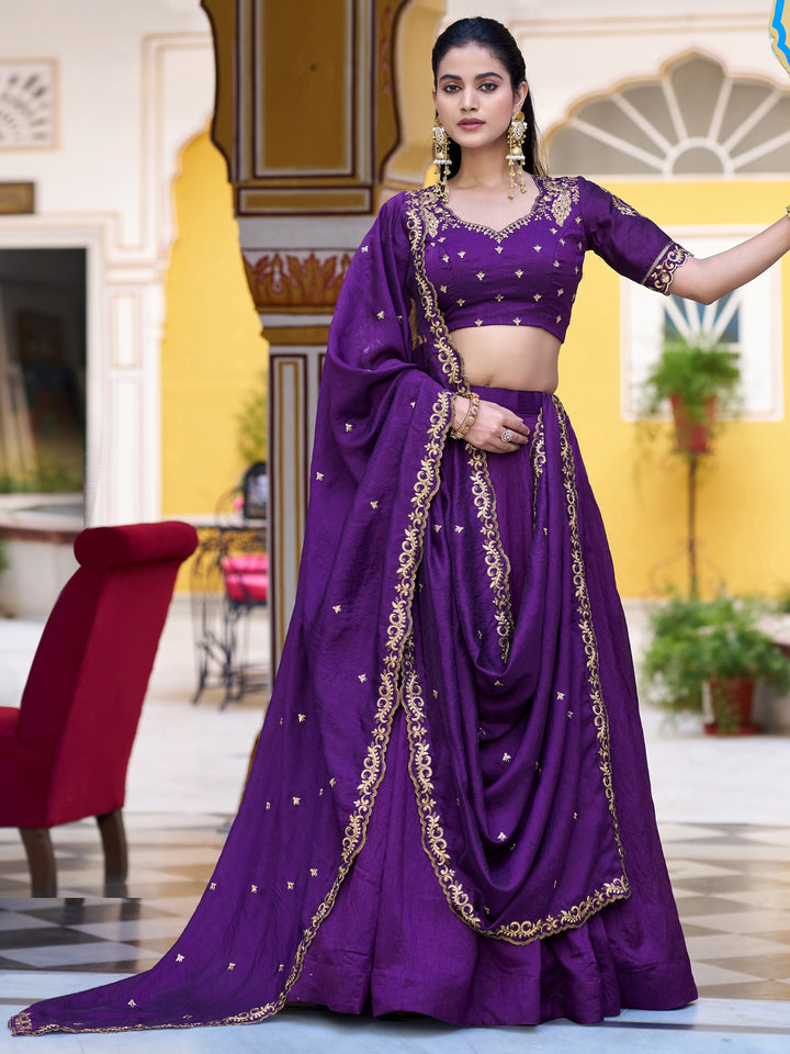 Adorable Purple Embroidery Silk Wedding Wear Lehenga Choli With Dupatta