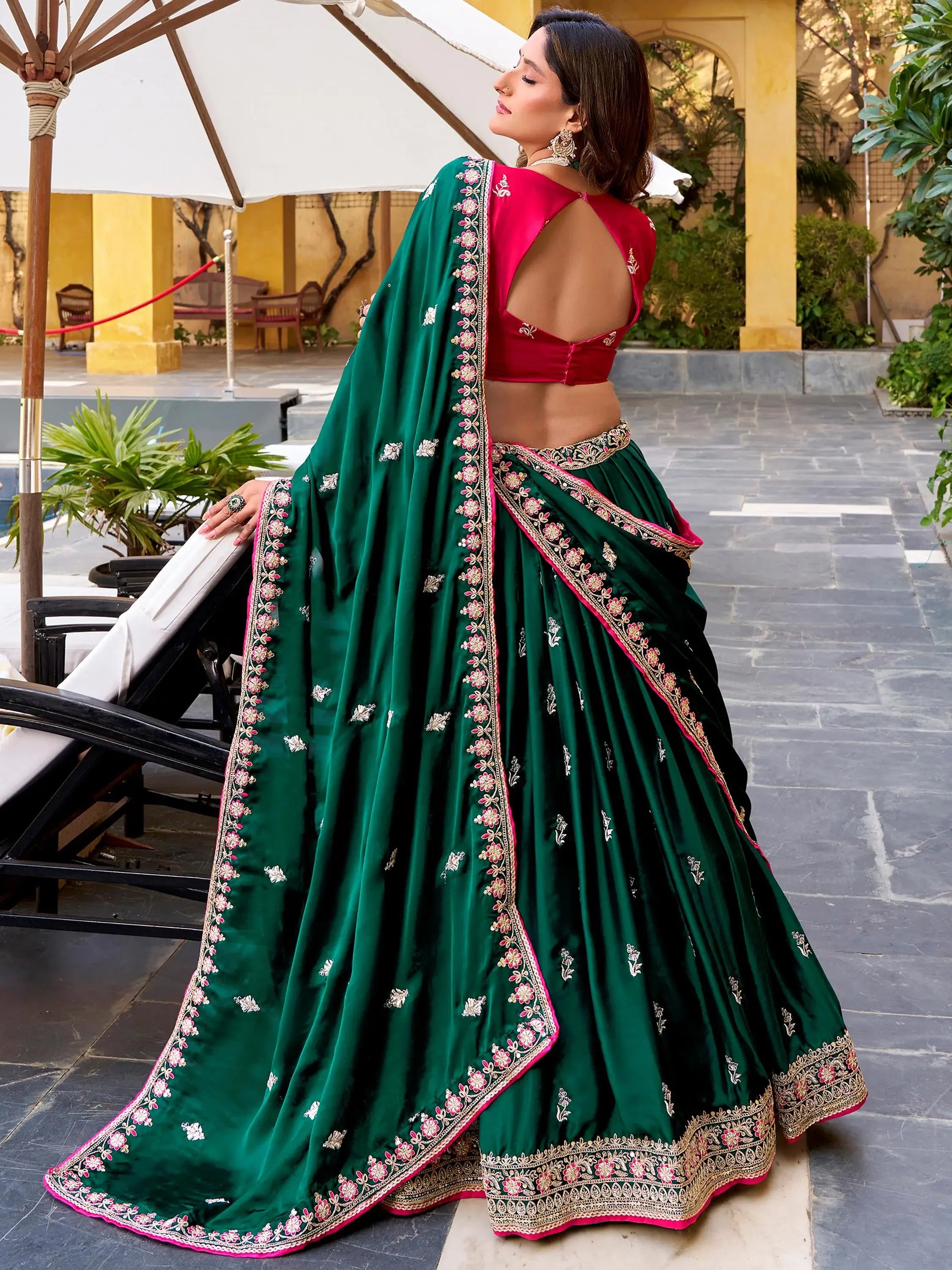 Trendy Green Sequins and  Embroidery Silk Wedding Wear Lehenga Choli