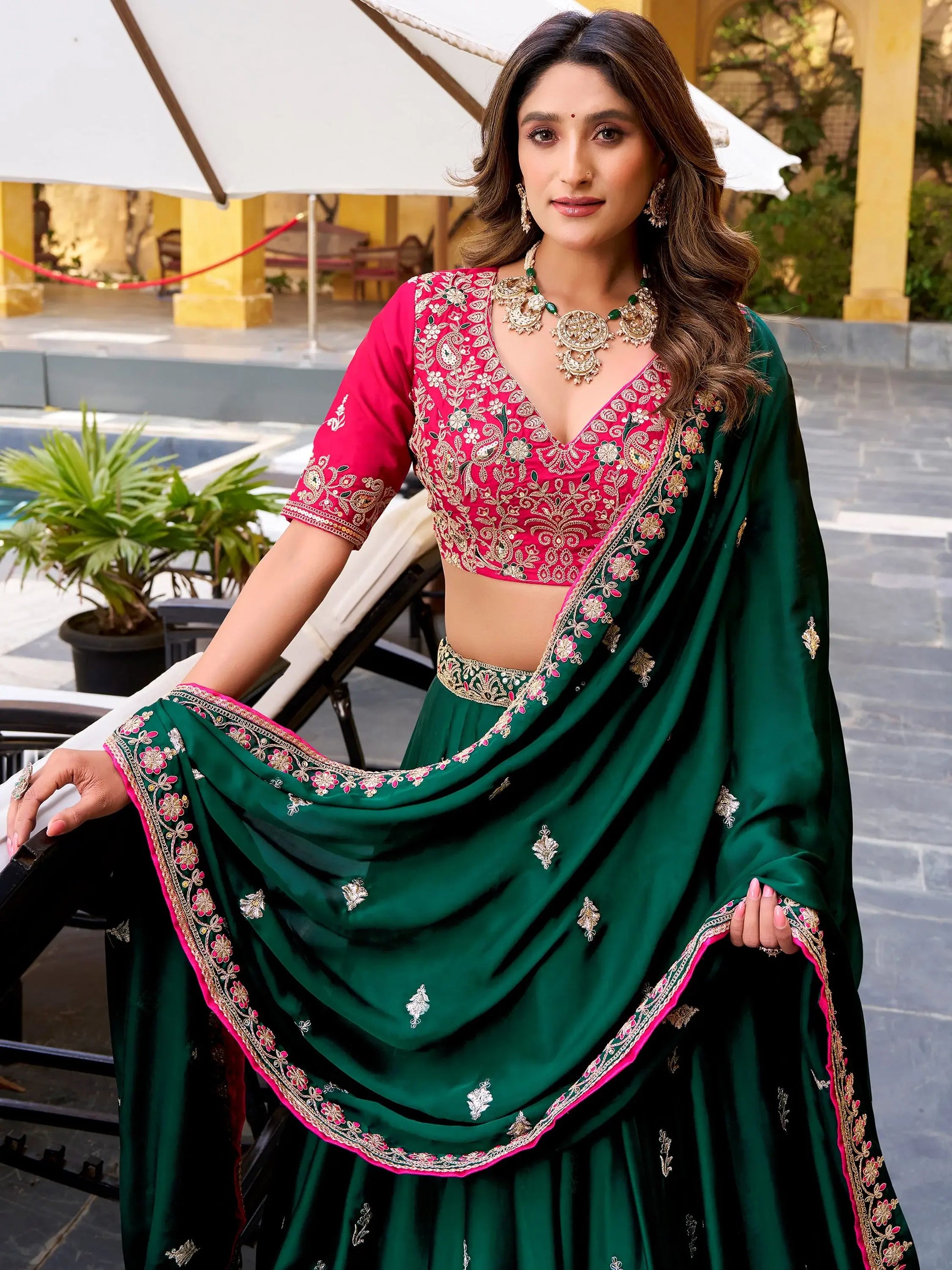 Trendy Green Sequins and  Embroidery Silk Wedding Wear Lehenga Choli