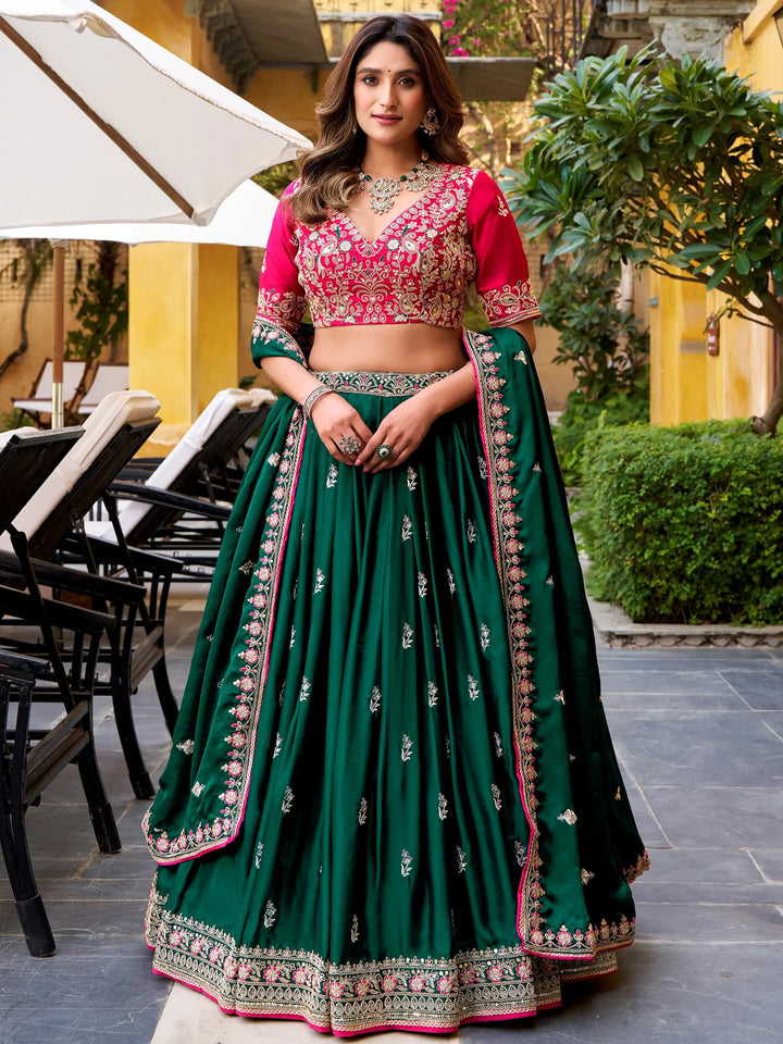 Trendy Green Sequins and  Embroidery Silk Wedding Wear Lehenga Choli