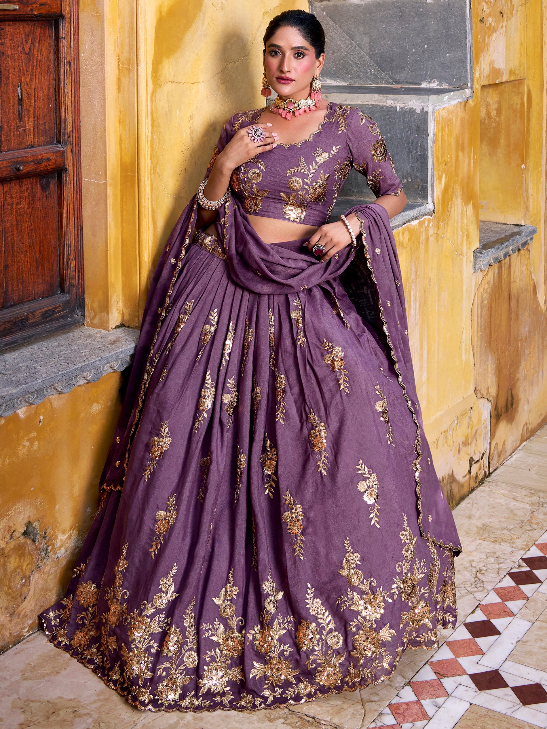 Stunning Lavender Thread Work Crushed Wedding Wear Lehenga Choli