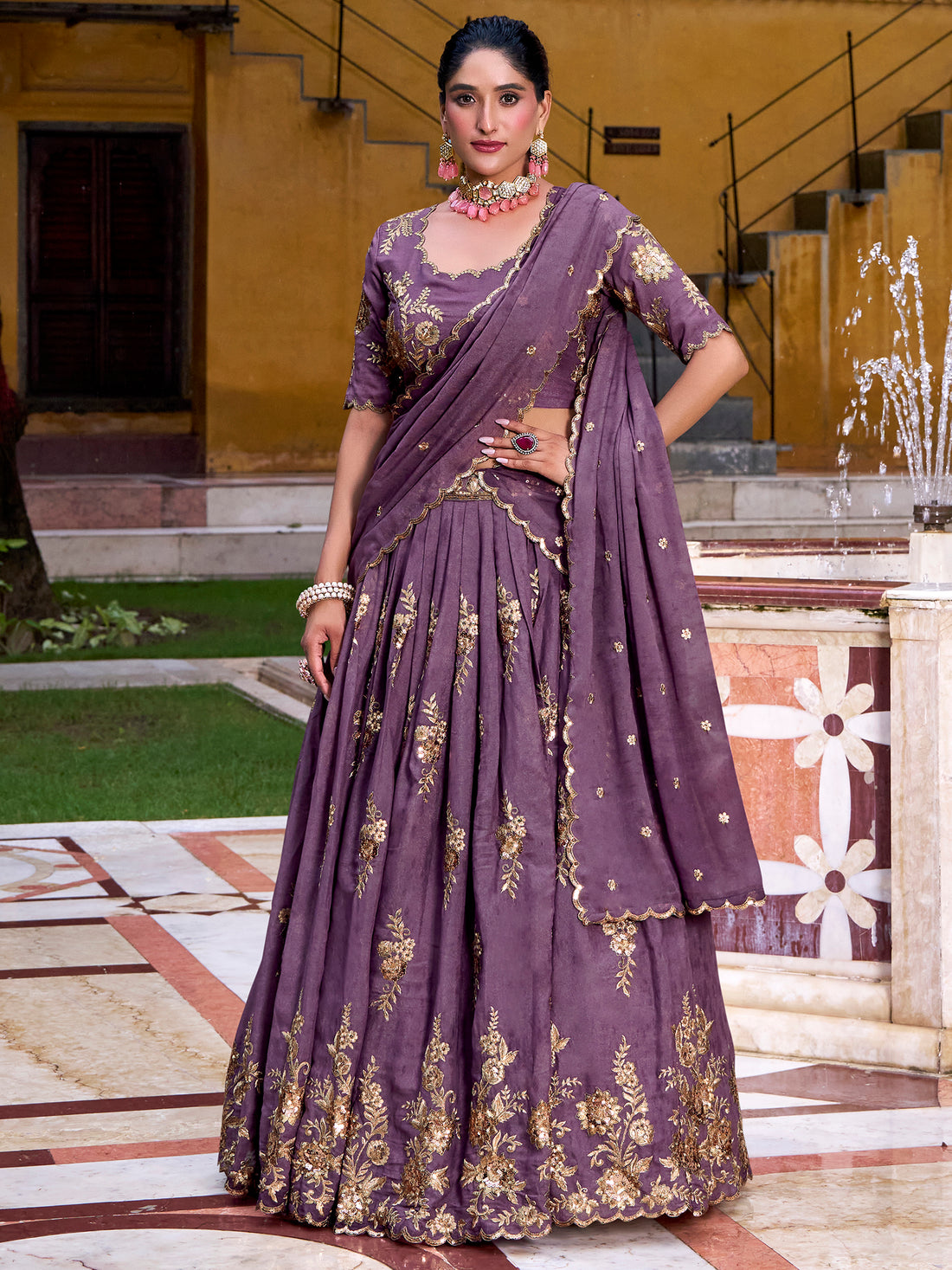 Stunning Lavender Thread Work Crushed Wedding Wear Lehenga Choli