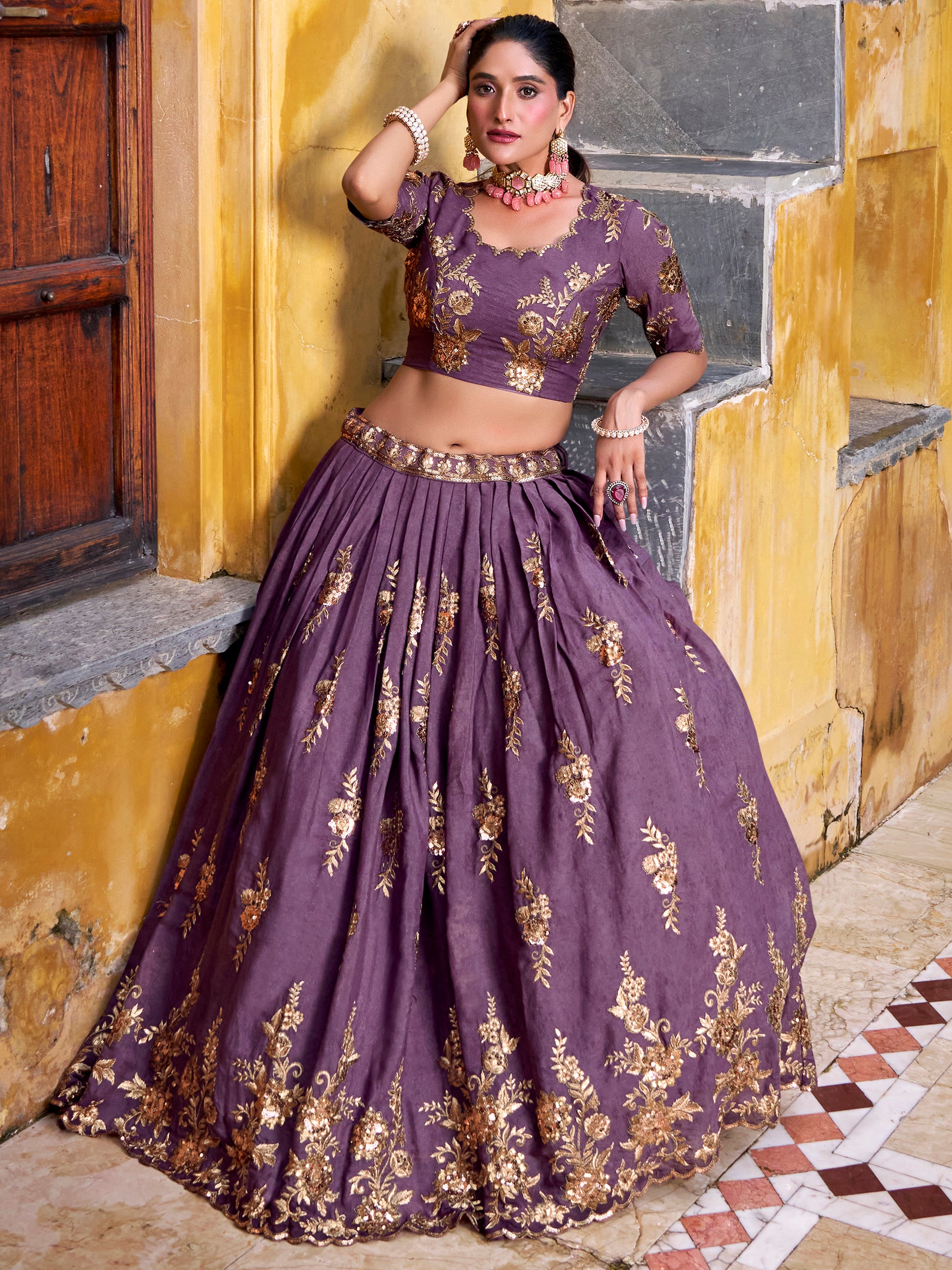 Stunning Lavender Thread Work Crushed Wedding Wear Lehenga Choli